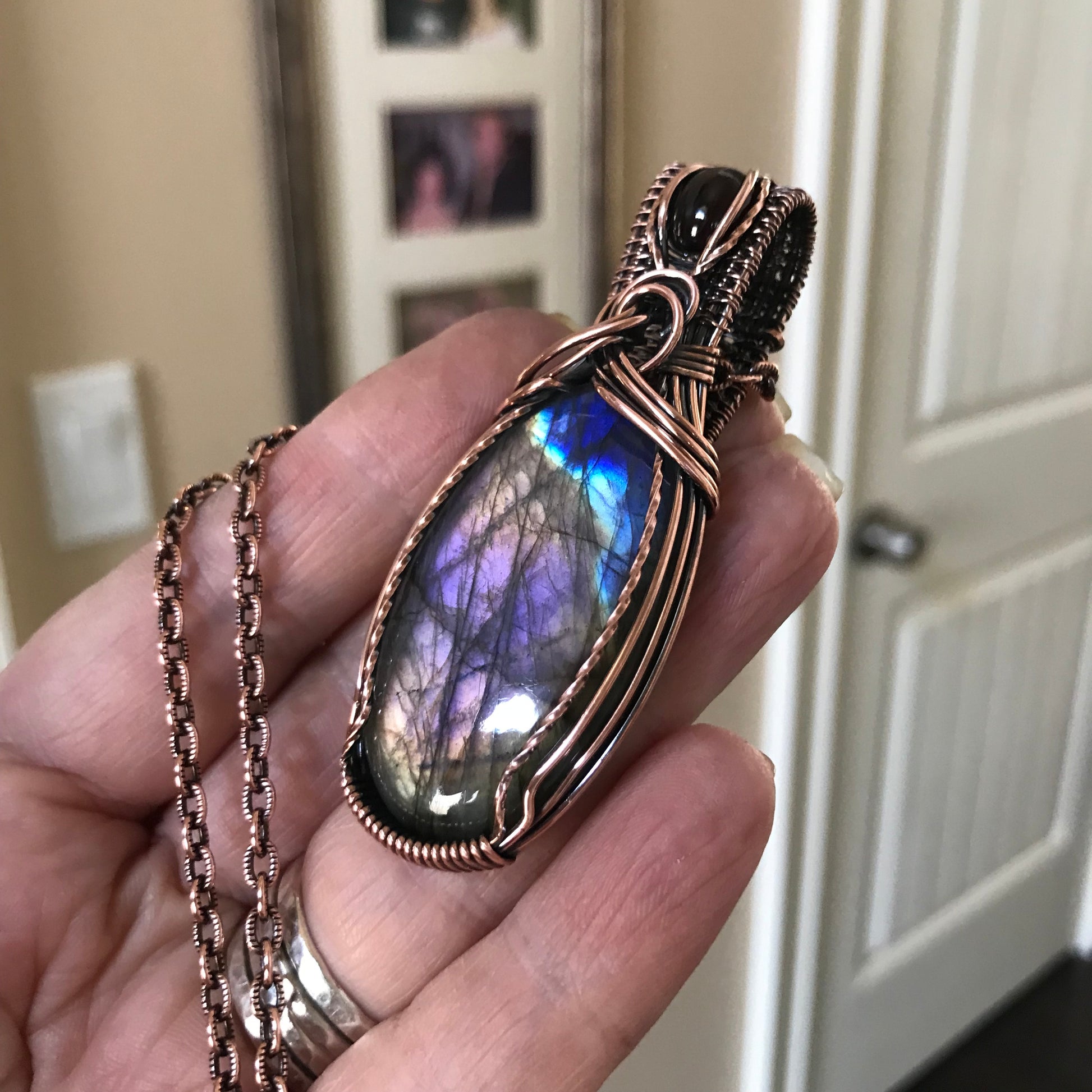 Rainbow Labradorite & Garnet Copper Pendant