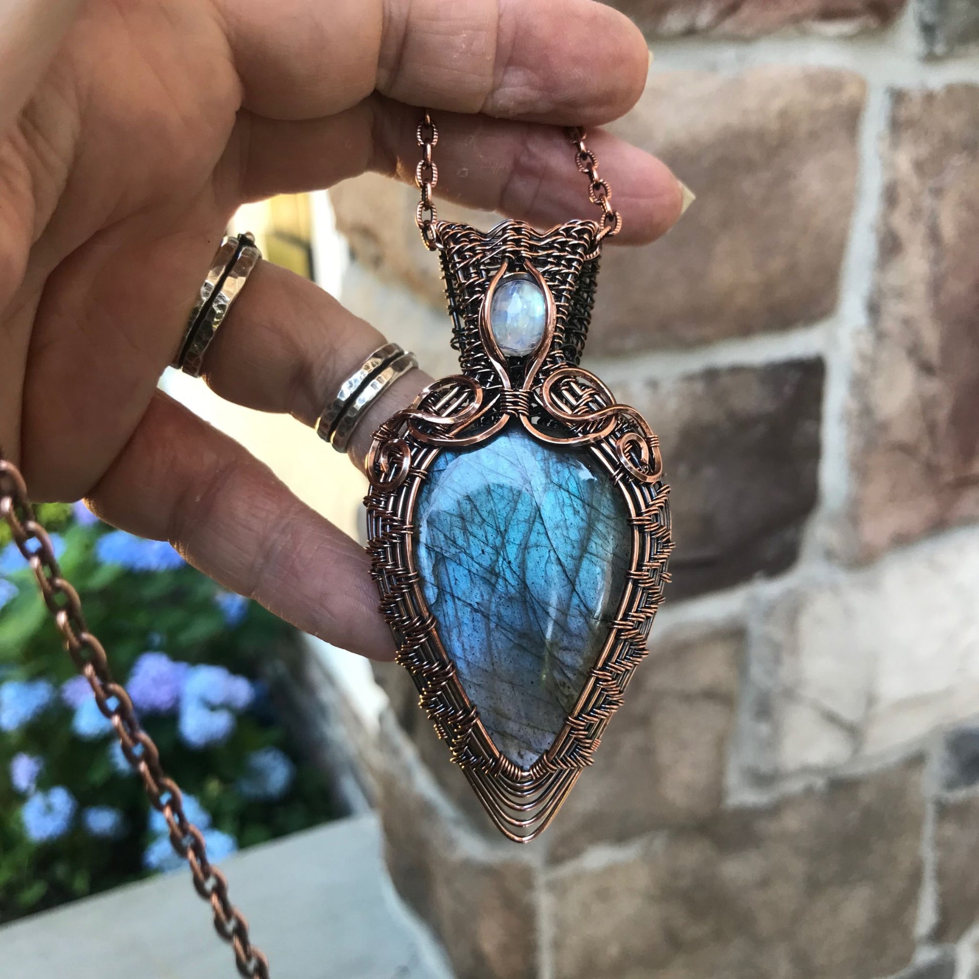 Blue Purple Labradorite & Moonstone Woven Copper Pendant