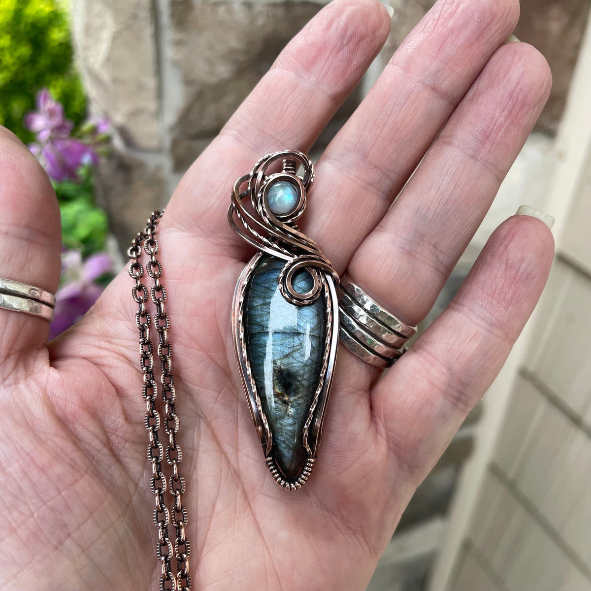 Silver Blue Labradorite & Moonstone Copper Necklace