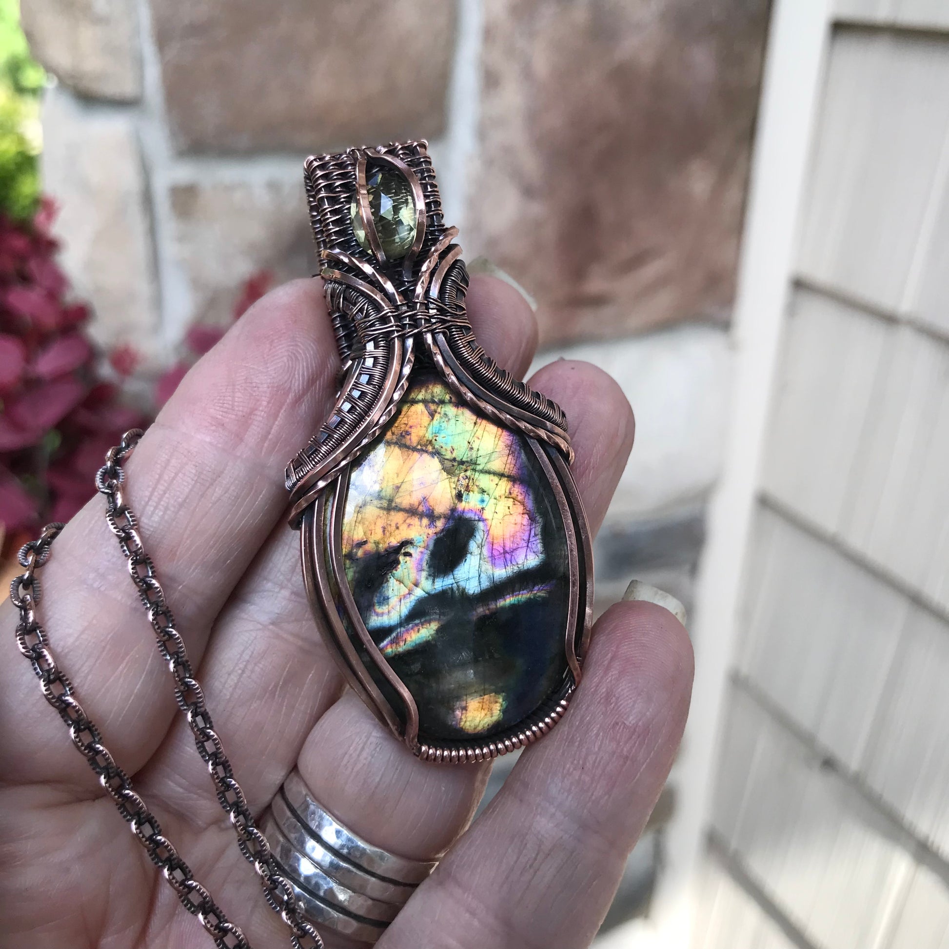 Yellow Orange Labradorite & Lemon Quartz Oval Copper Necklace with Weaving