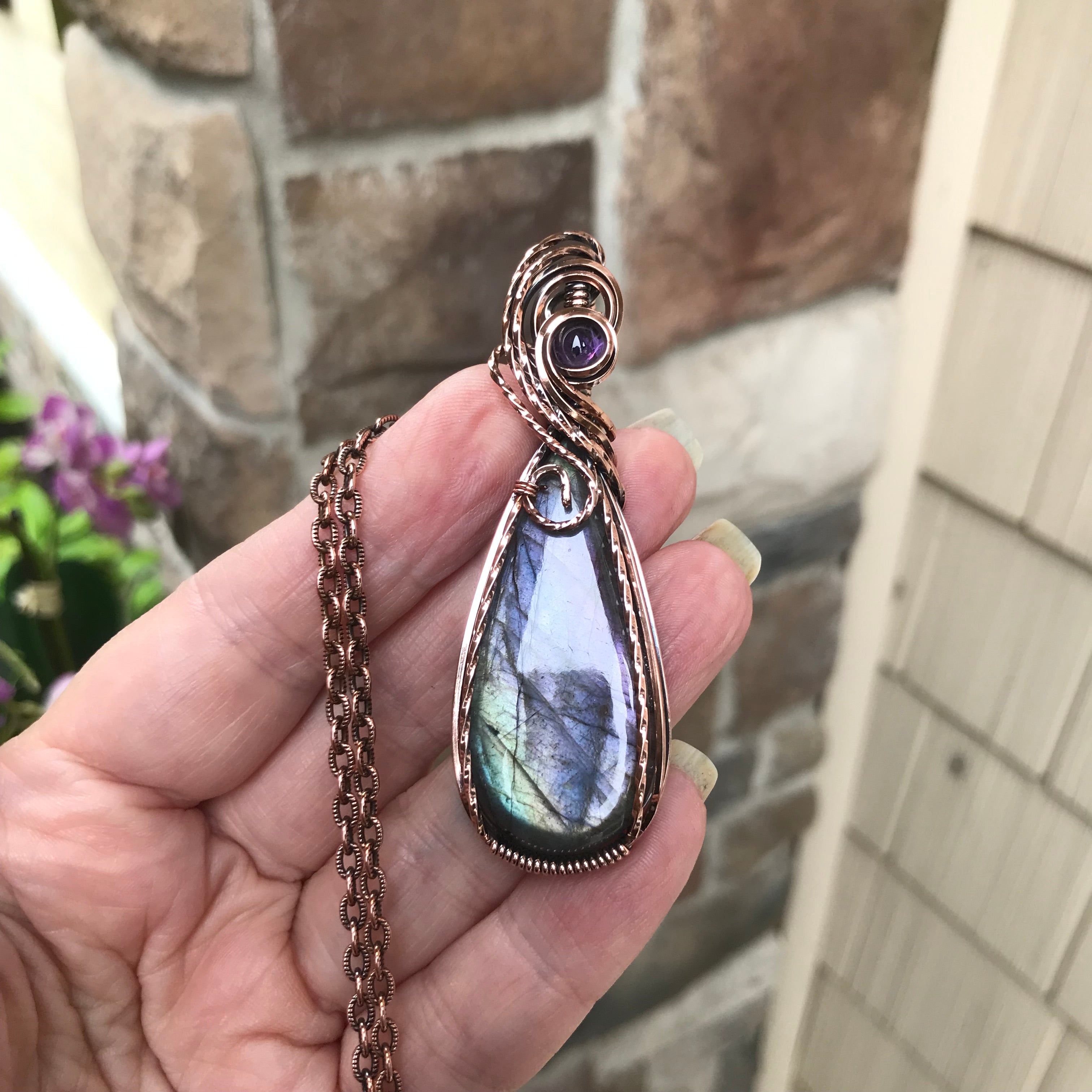 Purple Green Slender Labradorite & Amethyst Copper Pendant