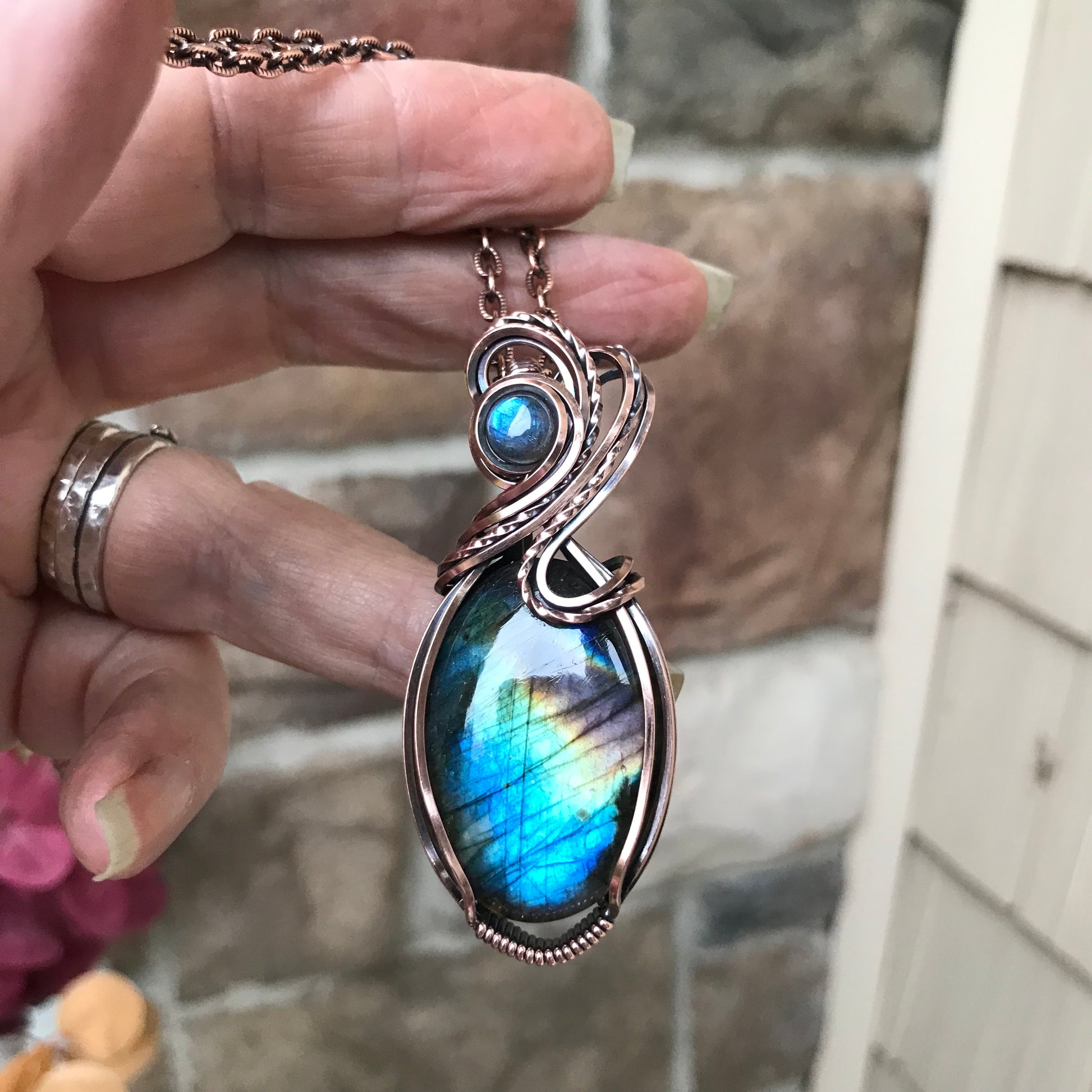 Blue Rainbow Oval Labradorite Copper Pendant