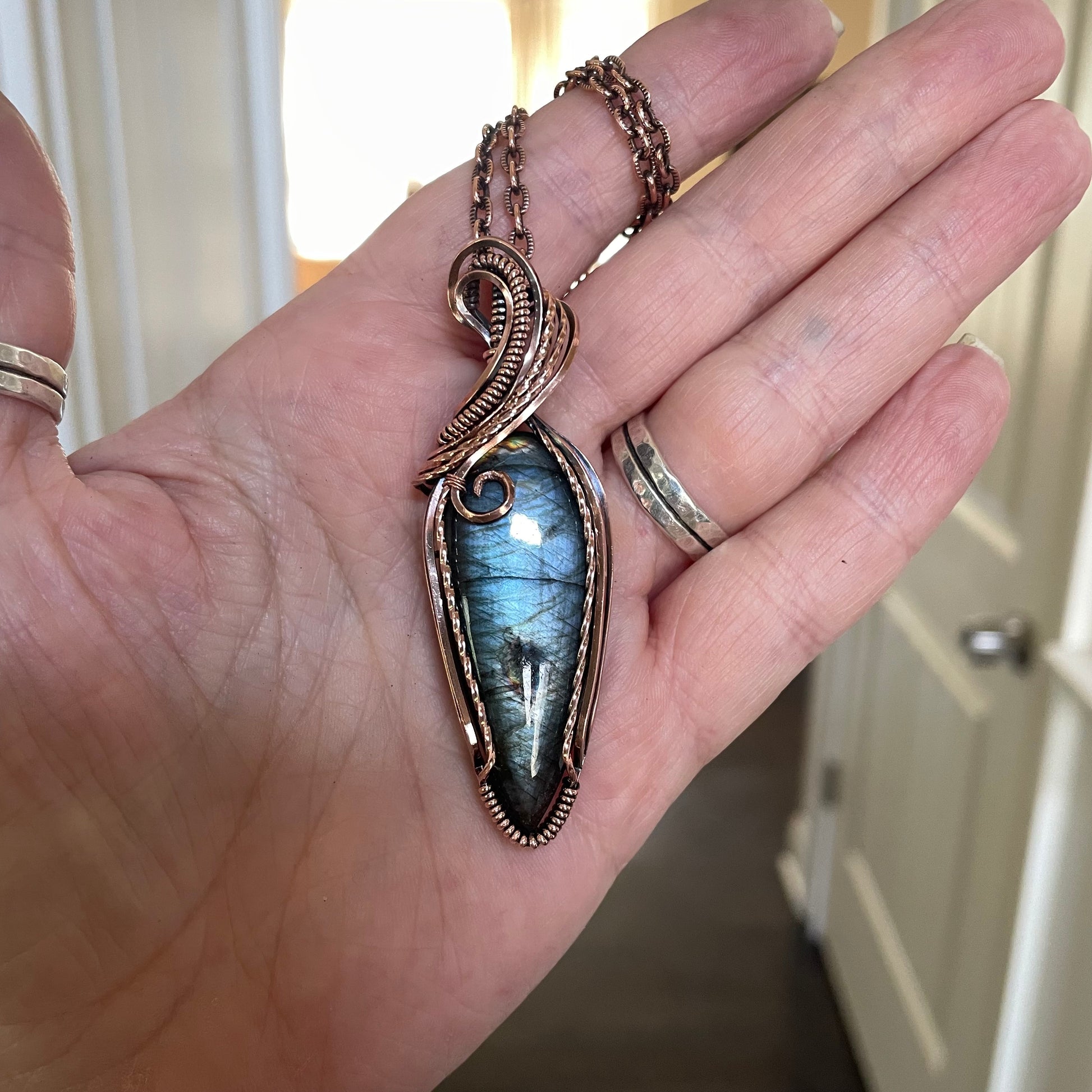Slate Blue Slender Labradorite Copper Pendant