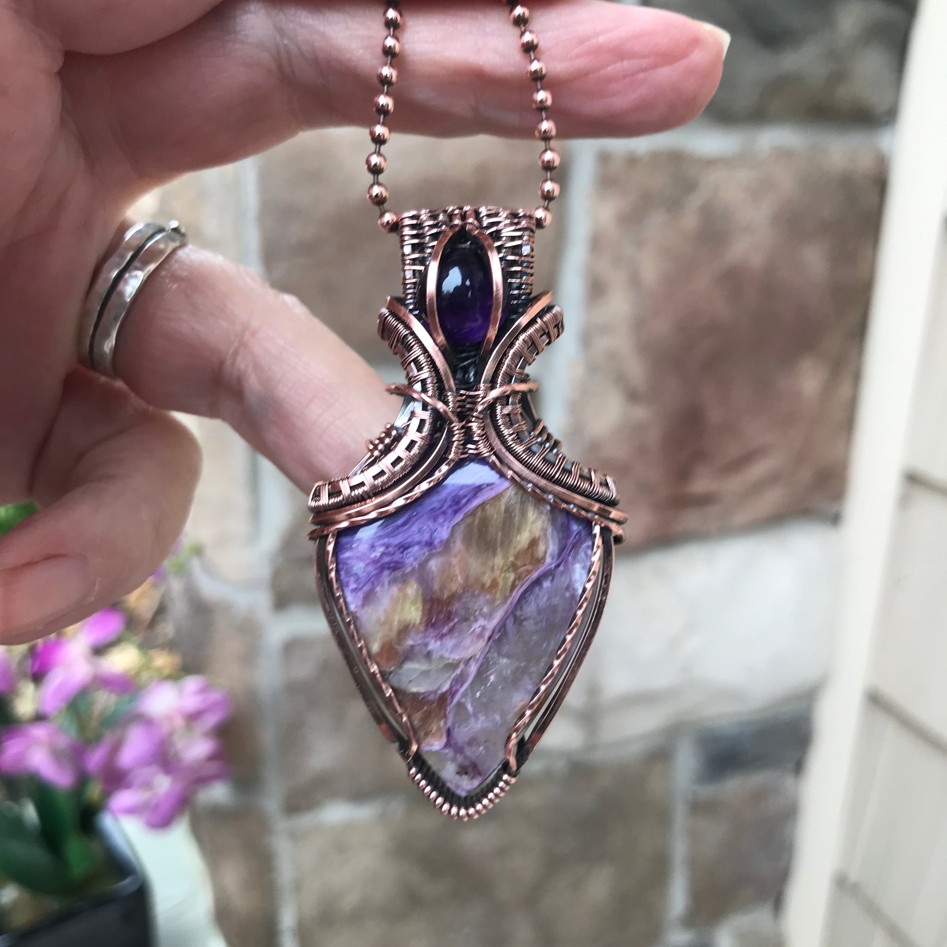 Charoite & Amethyst Copper Pendant with Weaving