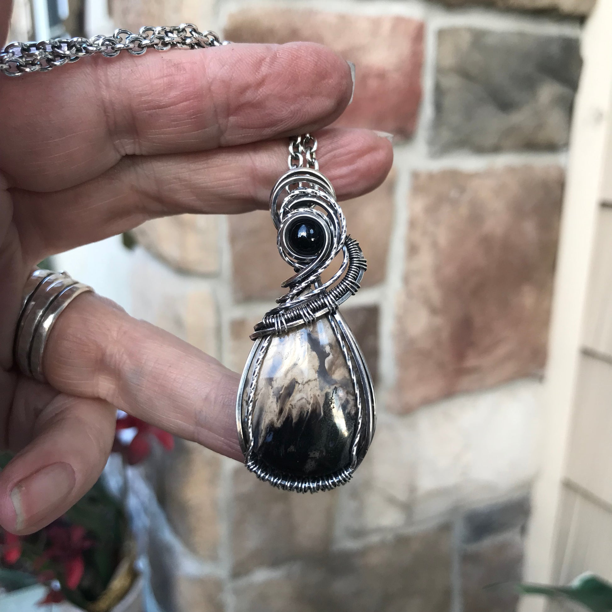 CUSTOM LISTING - Petrified Palm Wood & Black Onyx Silver Pendant