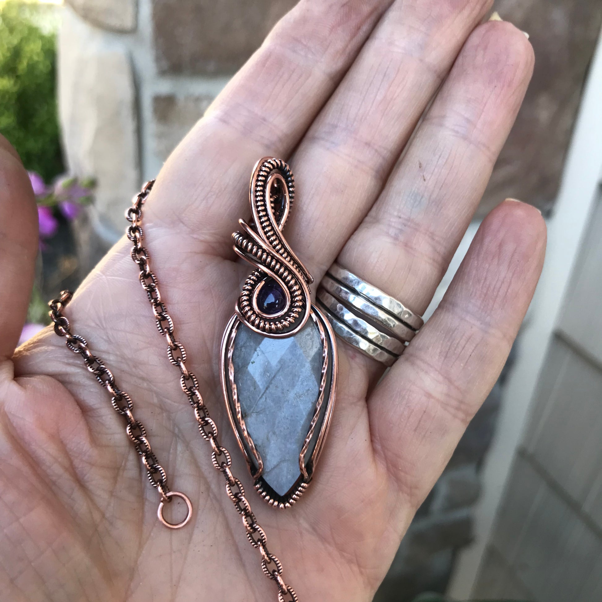 Gray Faceted Moonstone & Amethyst Copper Pendant