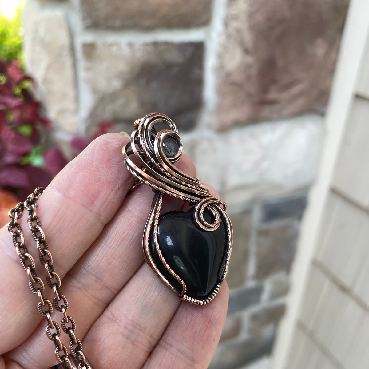 Obsidian & Rutile Quartz Heart Copper Pendant