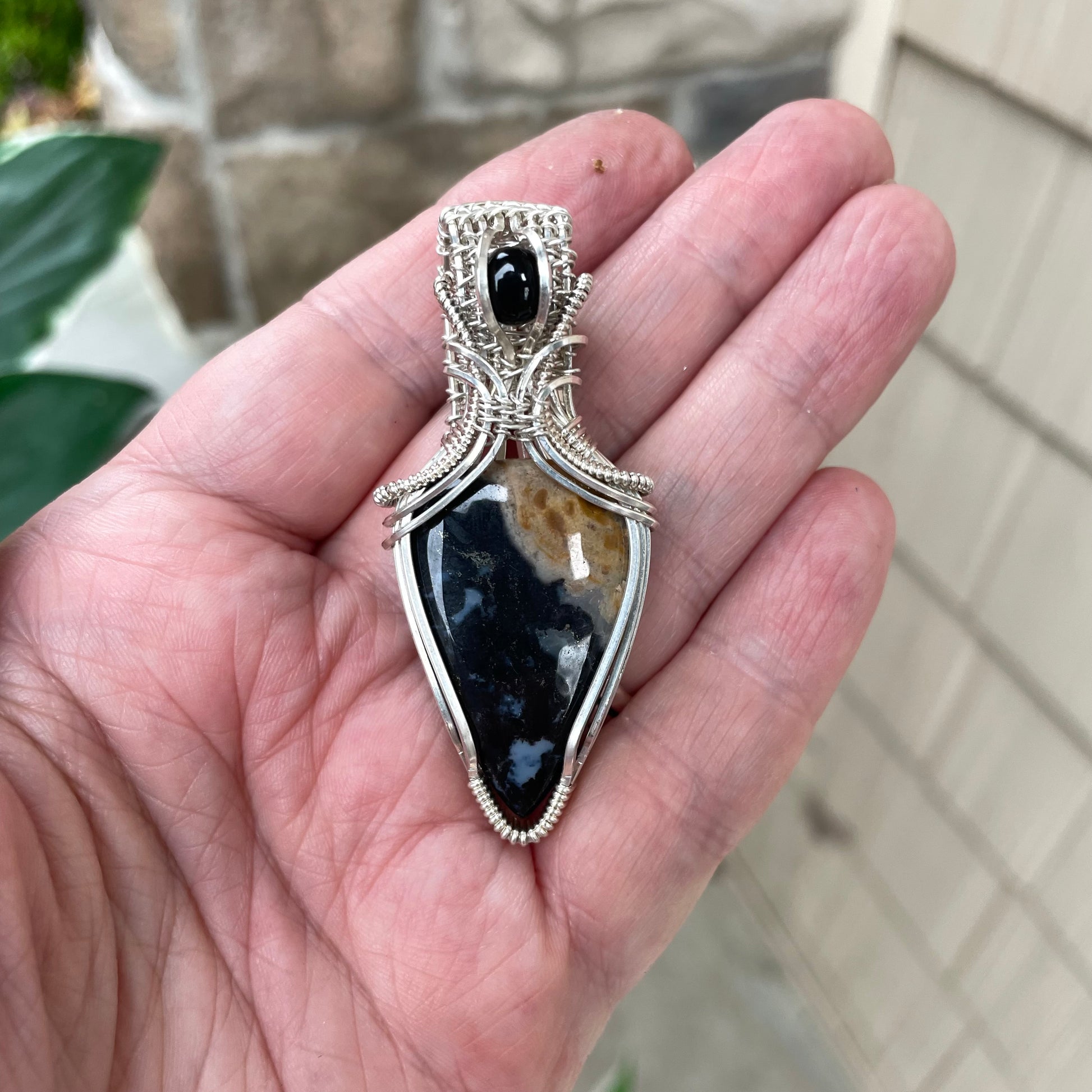CUSTOM - Petrified Palm Root Agate & Onyx Silver Necklace