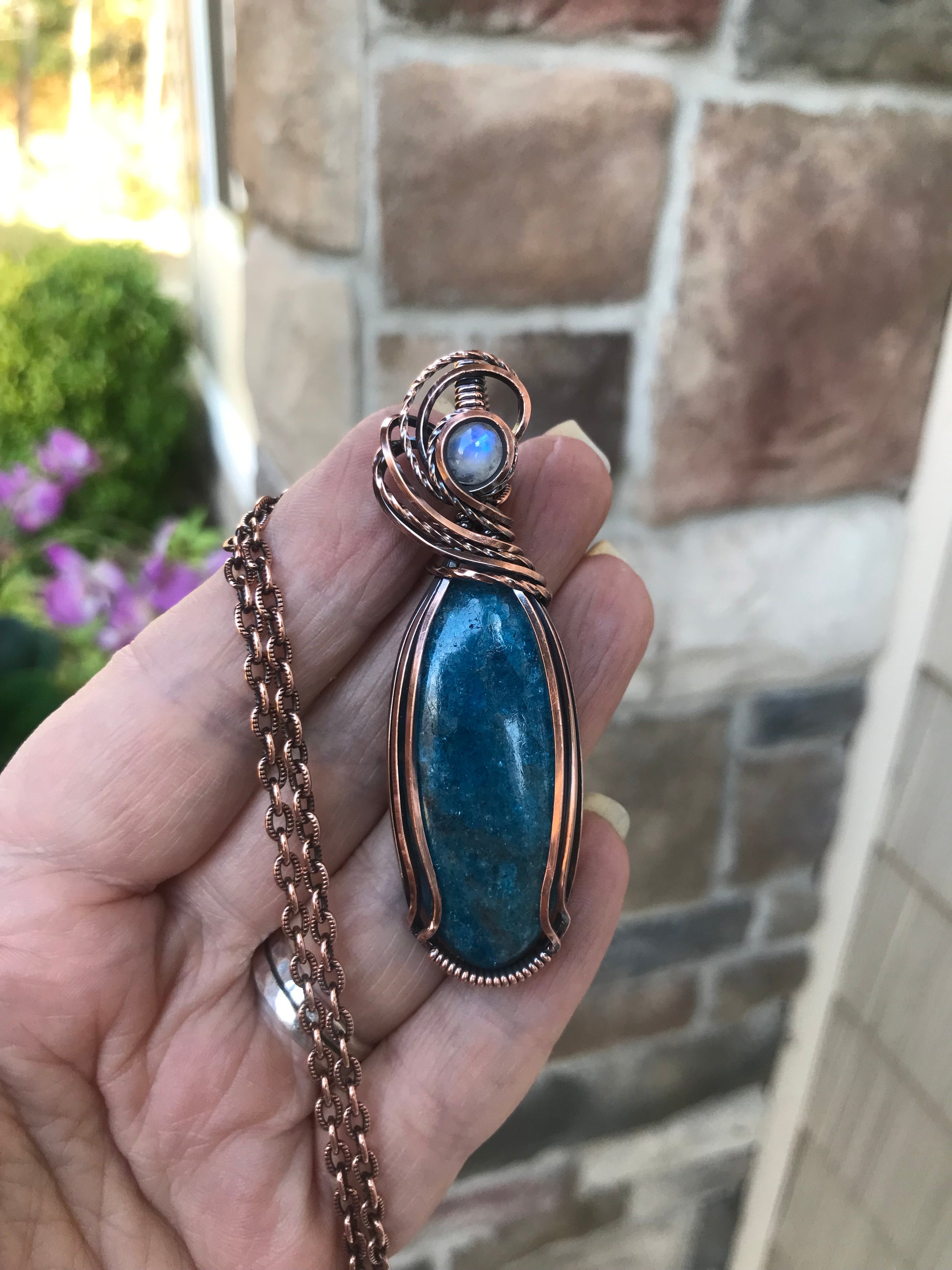 Apatite & Moonstone Slender Copper Necklace