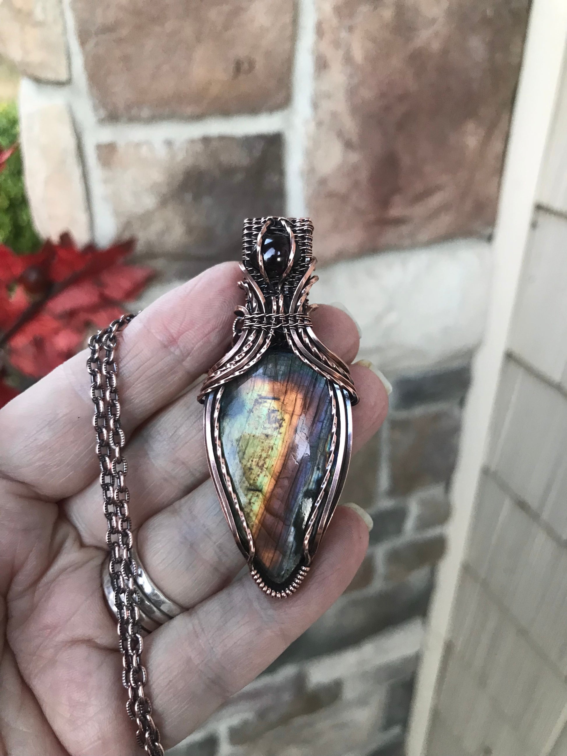 Rainbow Labradorite & Garnet Copper Pendant with Weaving