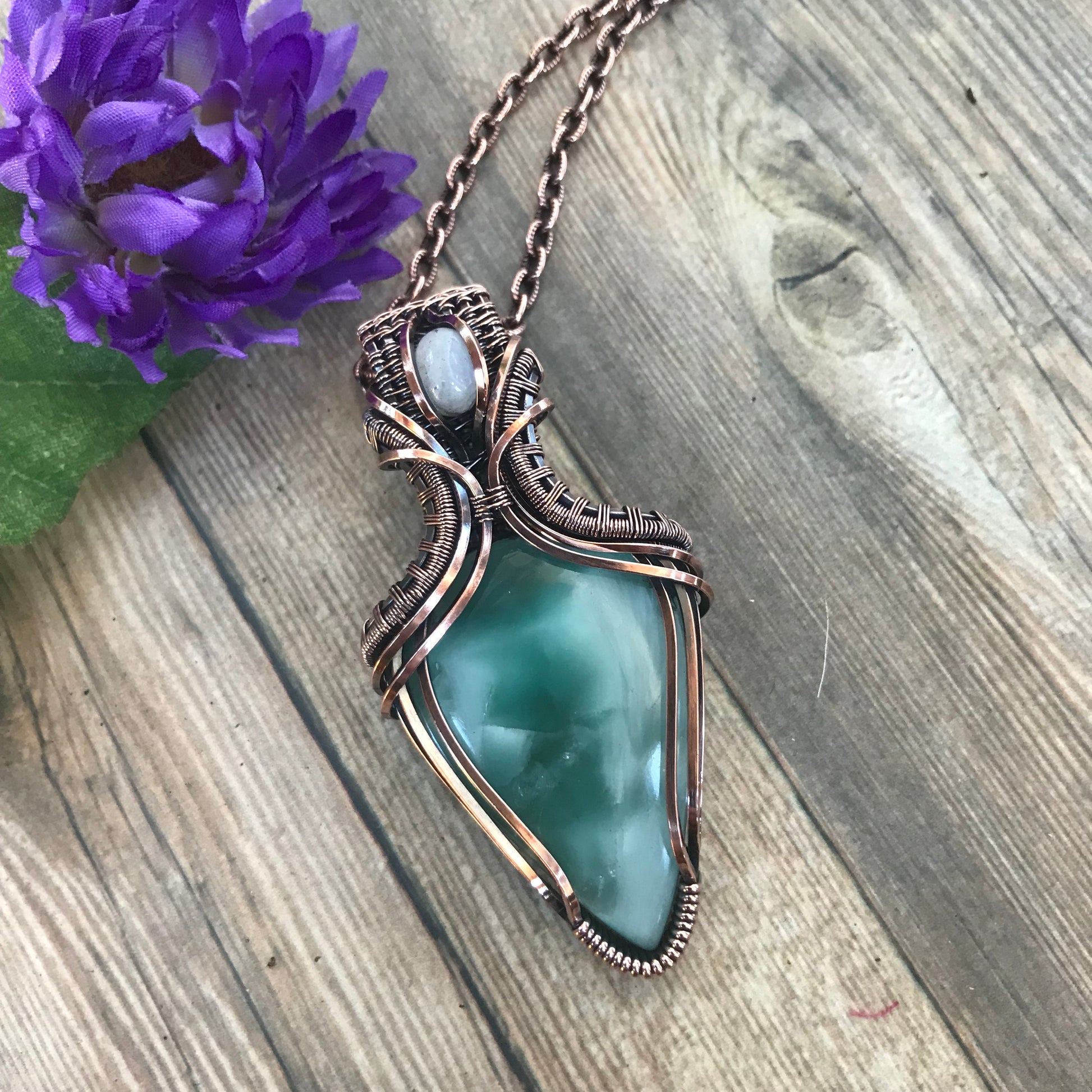 RESERVED FOR K - Hemimorphite & Moonstone Copper Pendant with Weaving