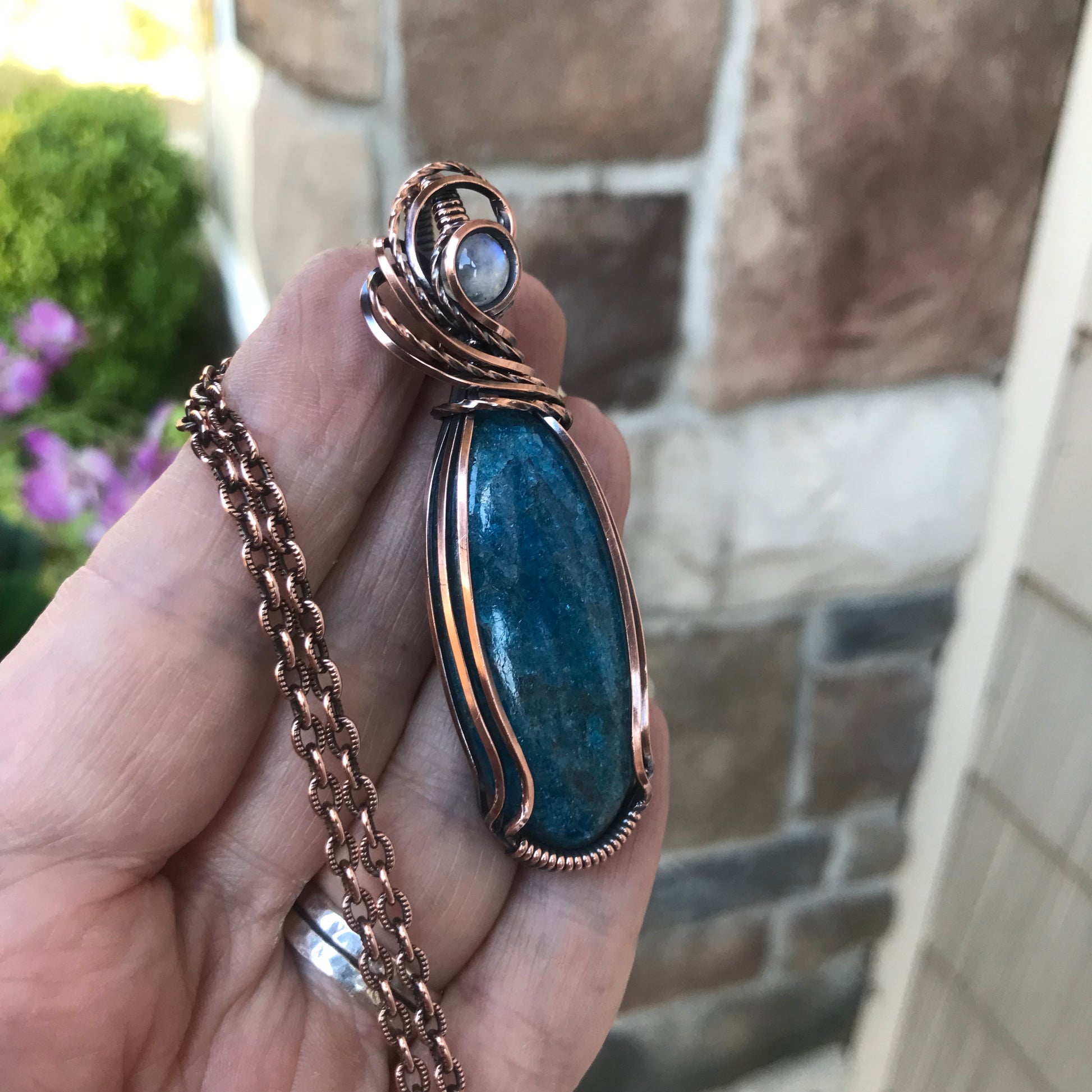 Apatite & Moonstone Slender Copper Necklace
