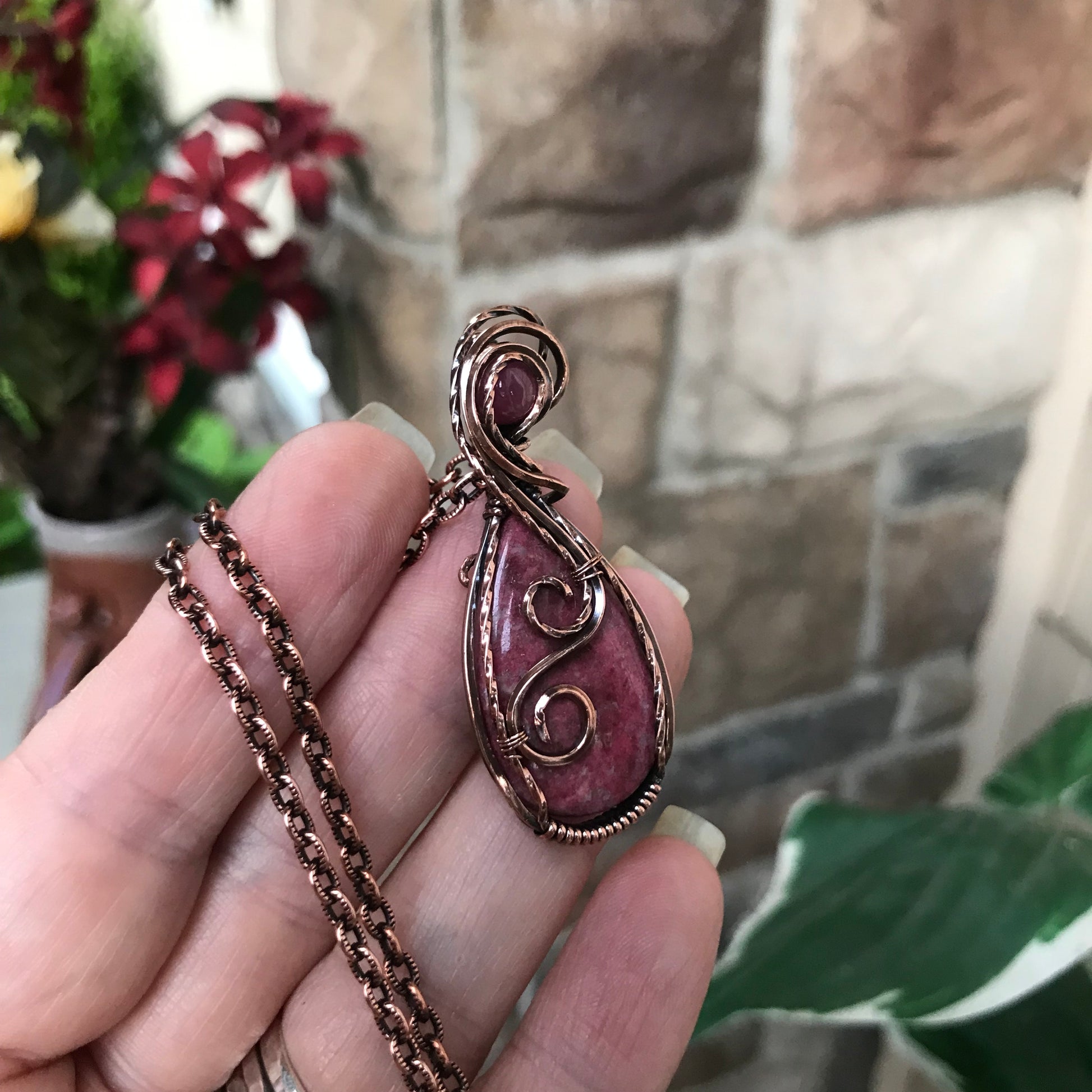 Thulite & Pink Sapphire Copper Pendant