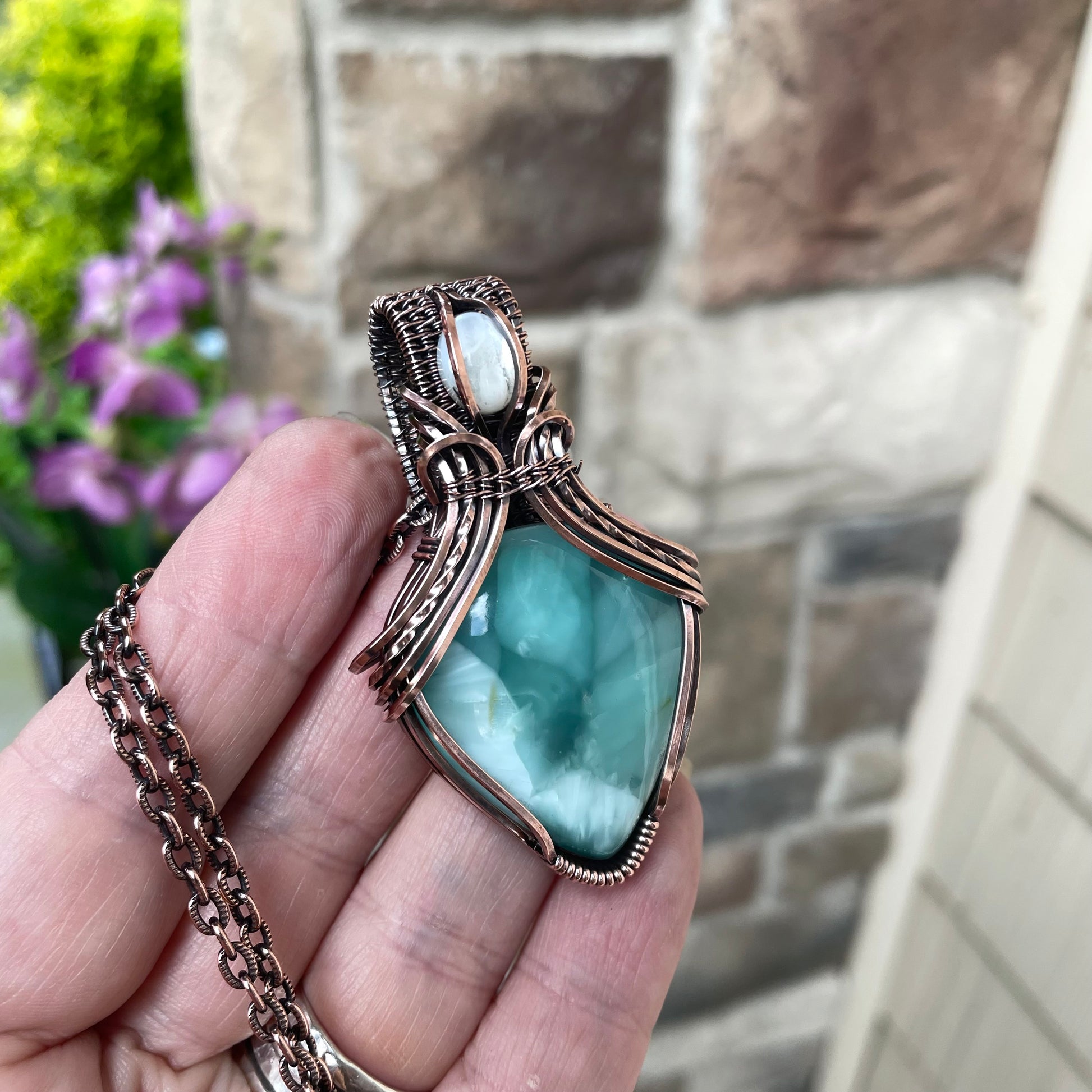 Hemimorphite & Mother of Pearl Copper Pendant with Woven Bail