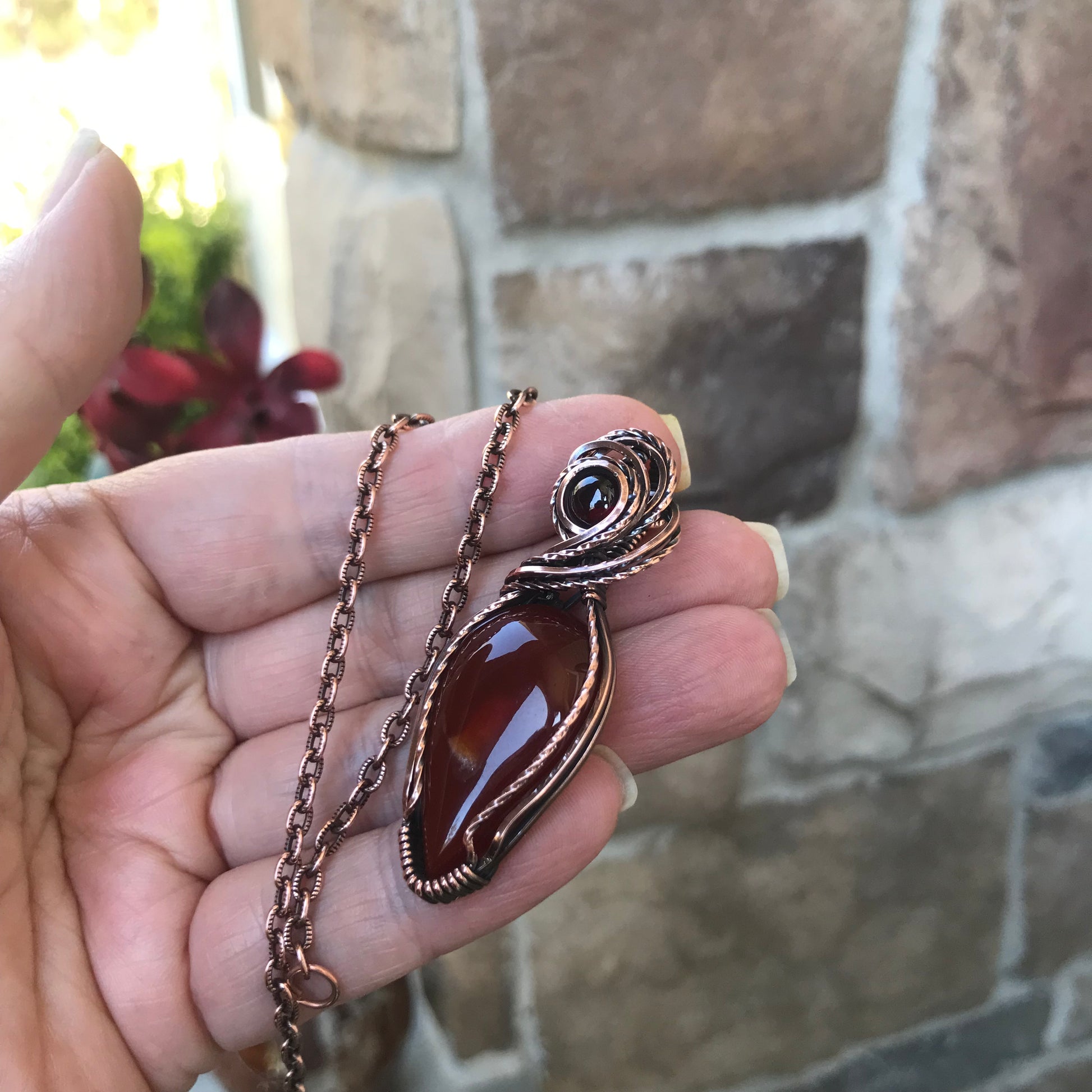 Carnelian & Garnet Teardrop Copper Necklace