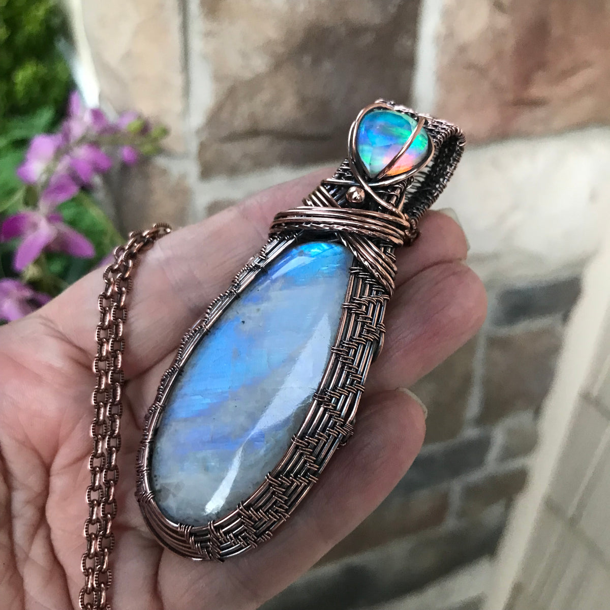 RESERVED - Rainbow Moonstone & Aurora Opal Copper Woven Pendant