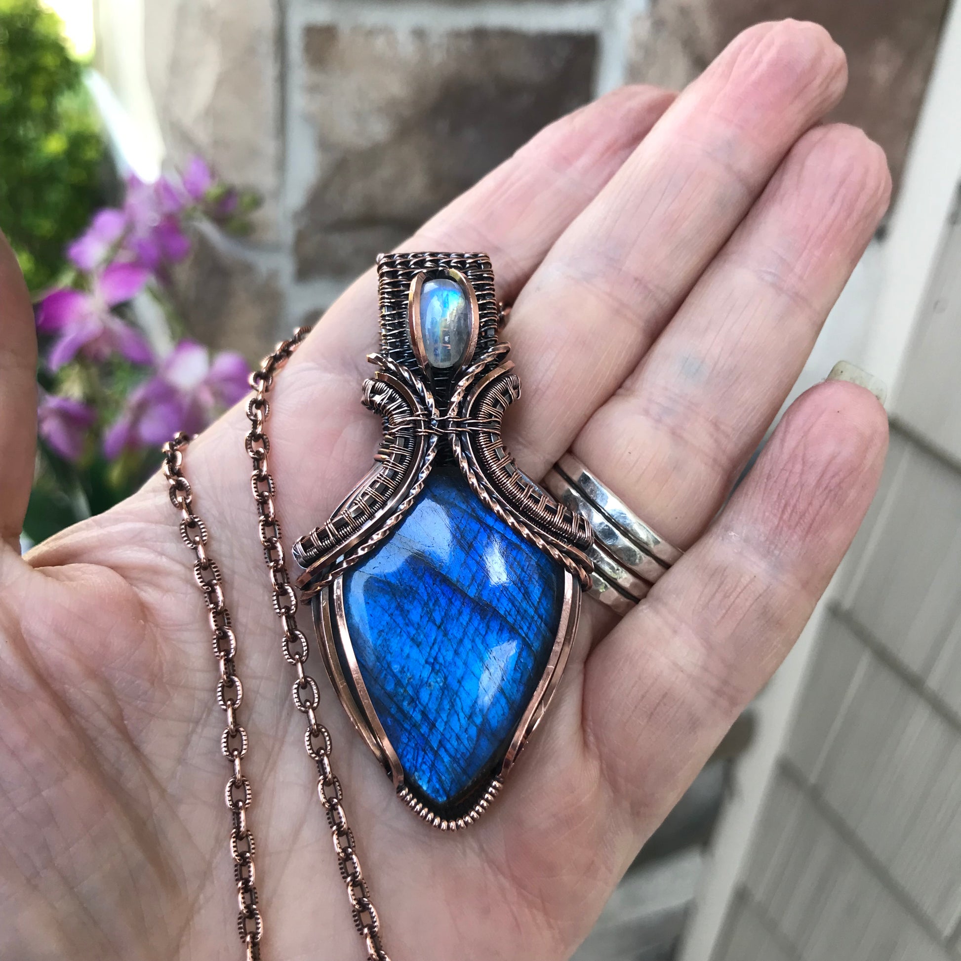 Blue Labradorite & Moonstone Copper Pendant with Weaving