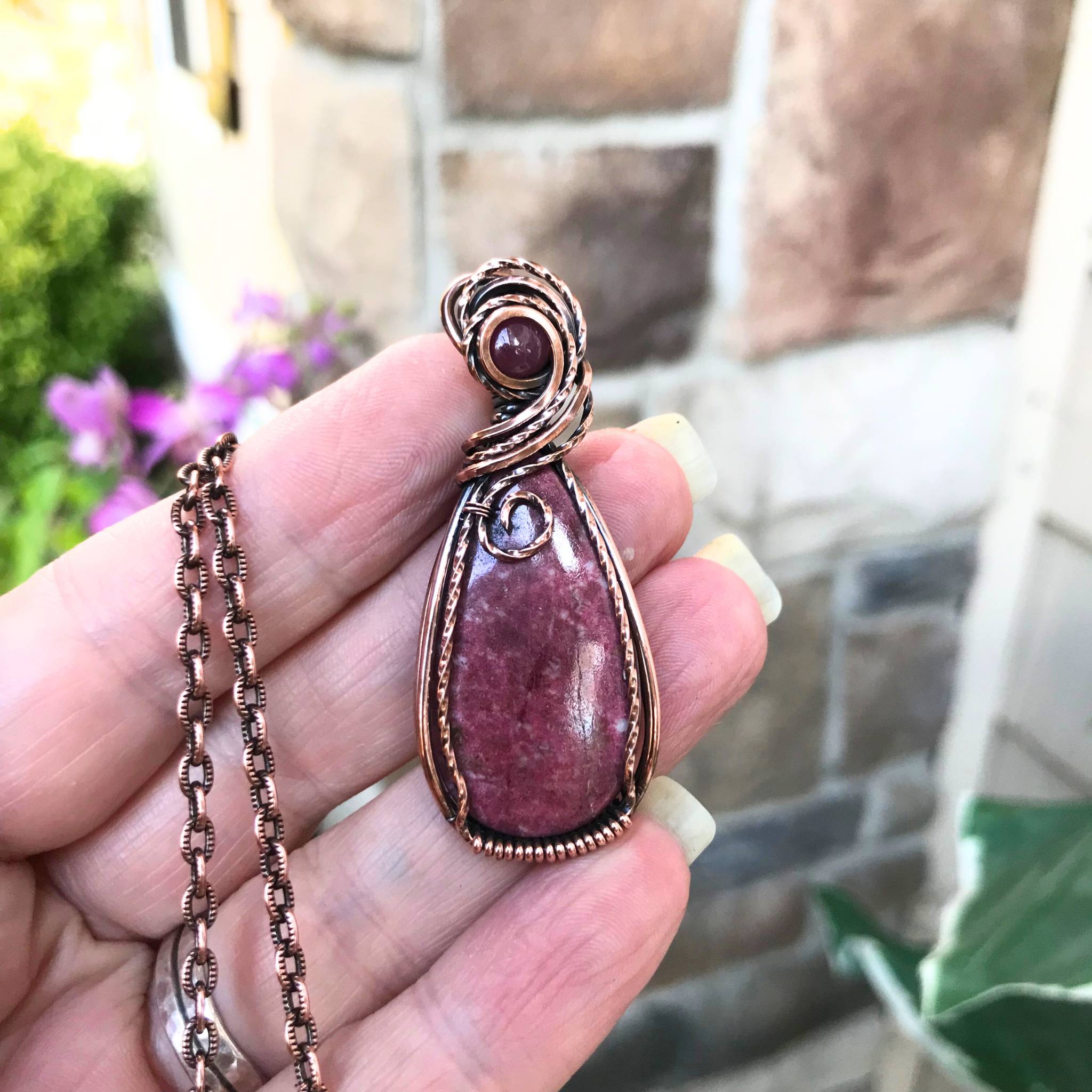 Pink Thulite & Ruby Copper Pendant