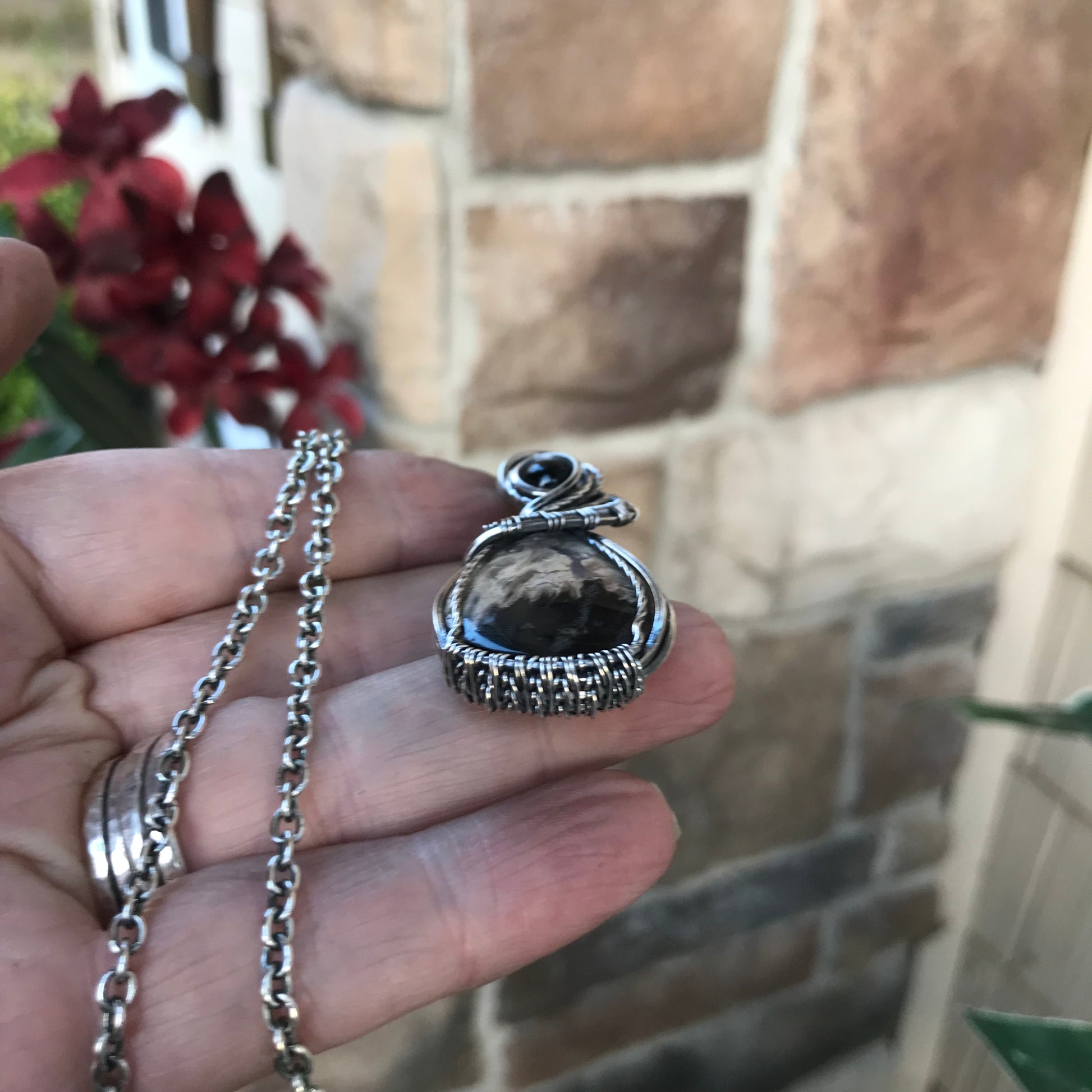 CUSTOM LISTING - Petrified Palm Wood & Black Onyx Silver Pendant