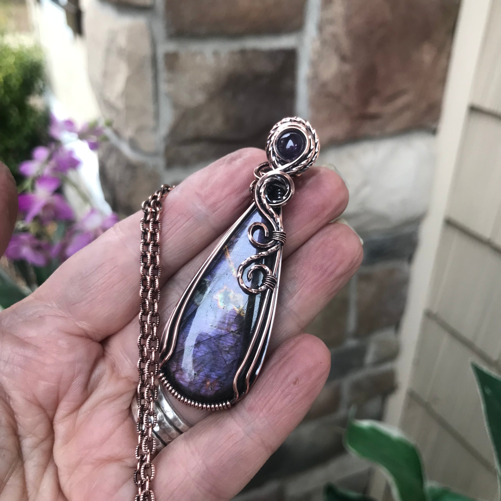 Purple Labradorite & Amethyst Slender Teardrop Copper Pendant