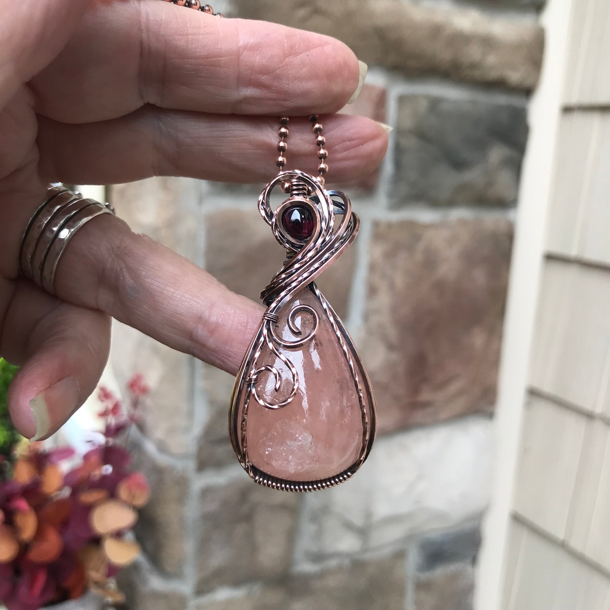 Morganite & Garnet Copper Swirly Necklace