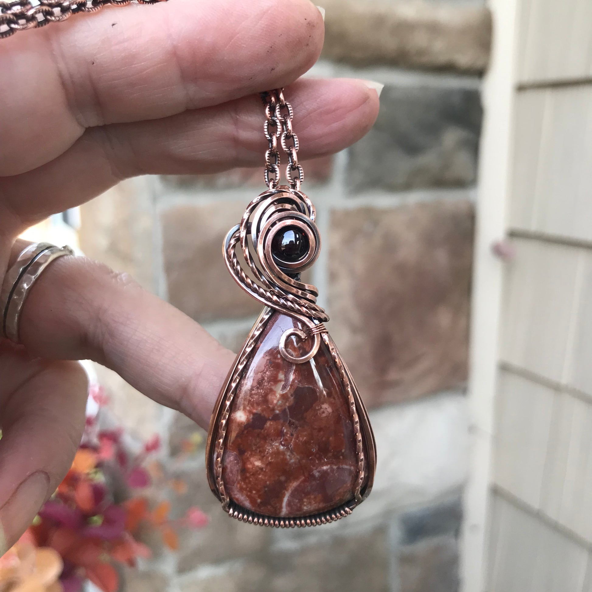 Wildeye Jasper & Garnet Pendant in Oxidized Copper