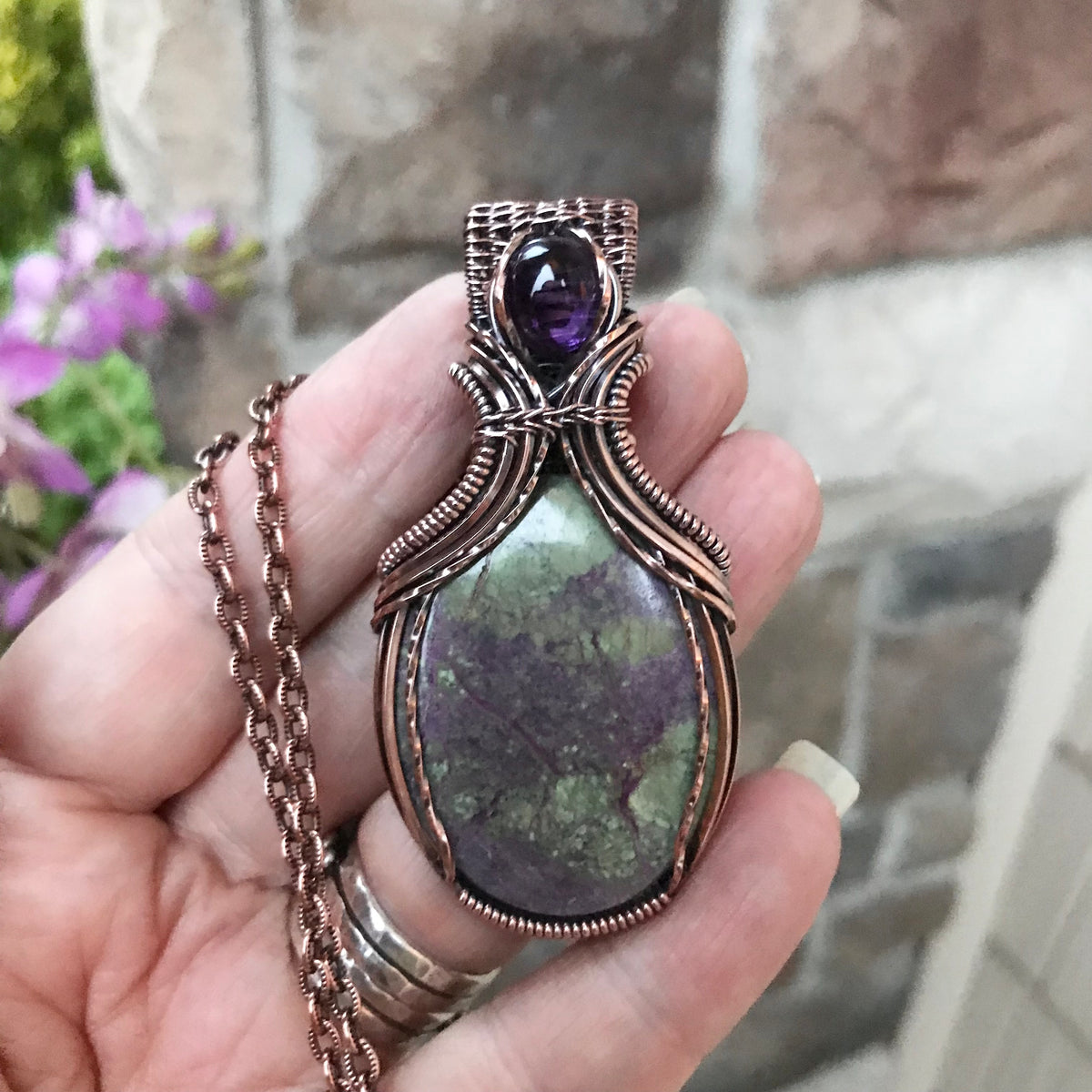 Stichtite & Amethyst Copper Pendant with Weaving