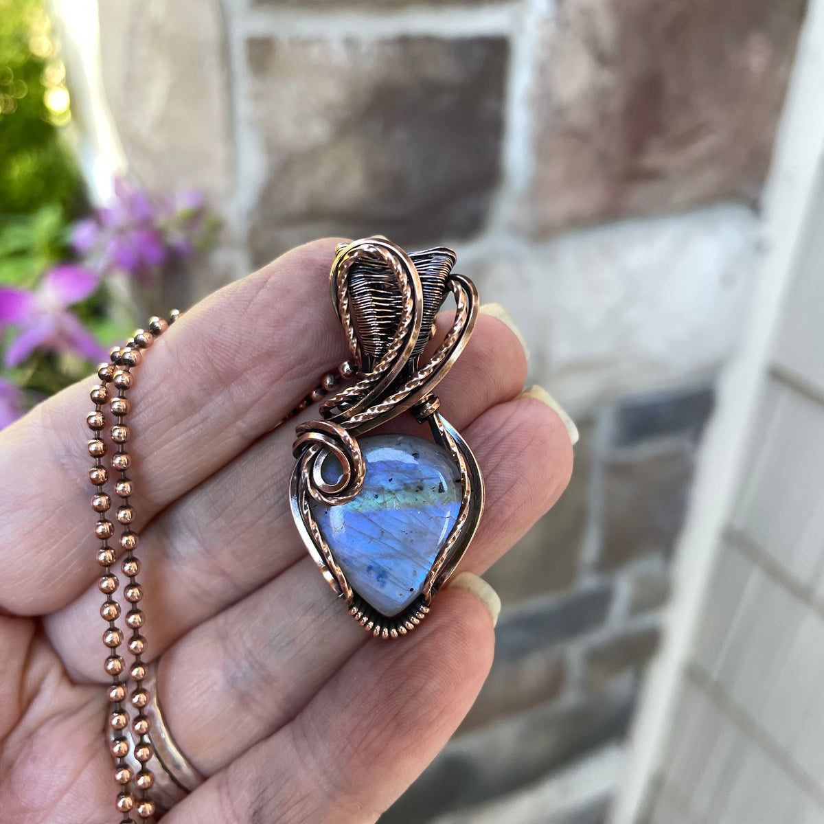 Blue Moonstone with Tourmaline Flecks Copper Pendant