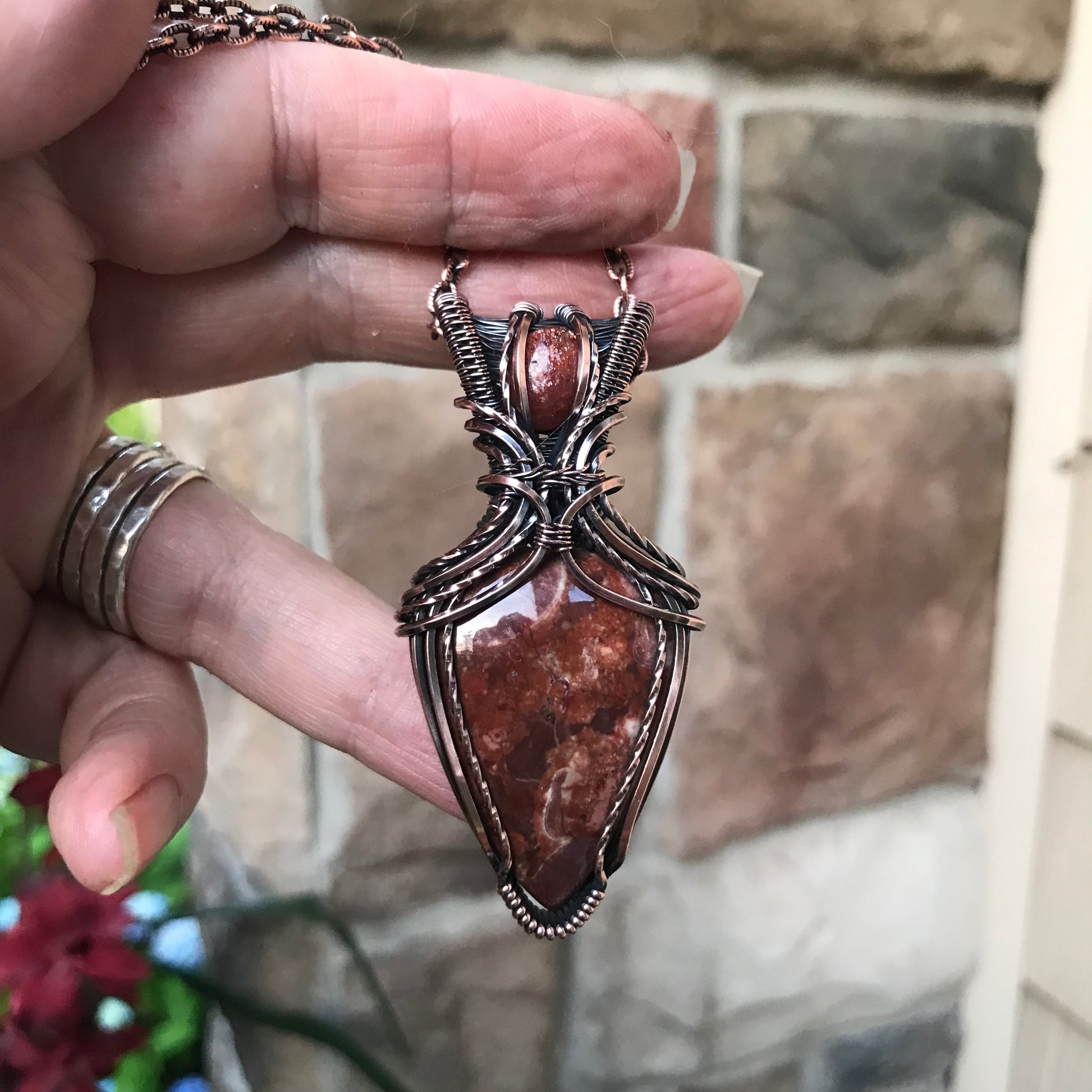 Wildeye Jasper & Sunstone Pendant in Oxidized Copper