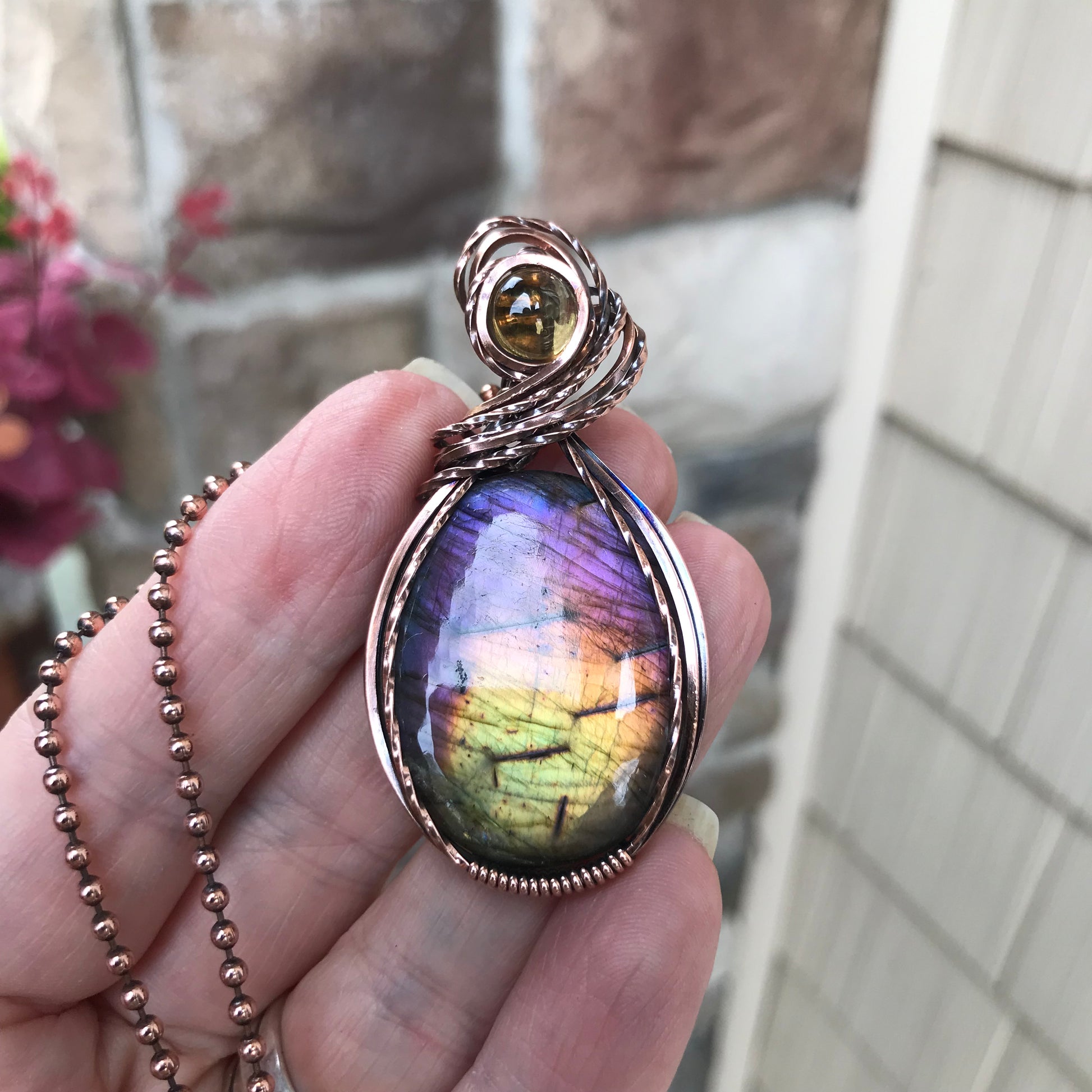 Rainbow Labradorite & Citrine Oval Copper Pendant