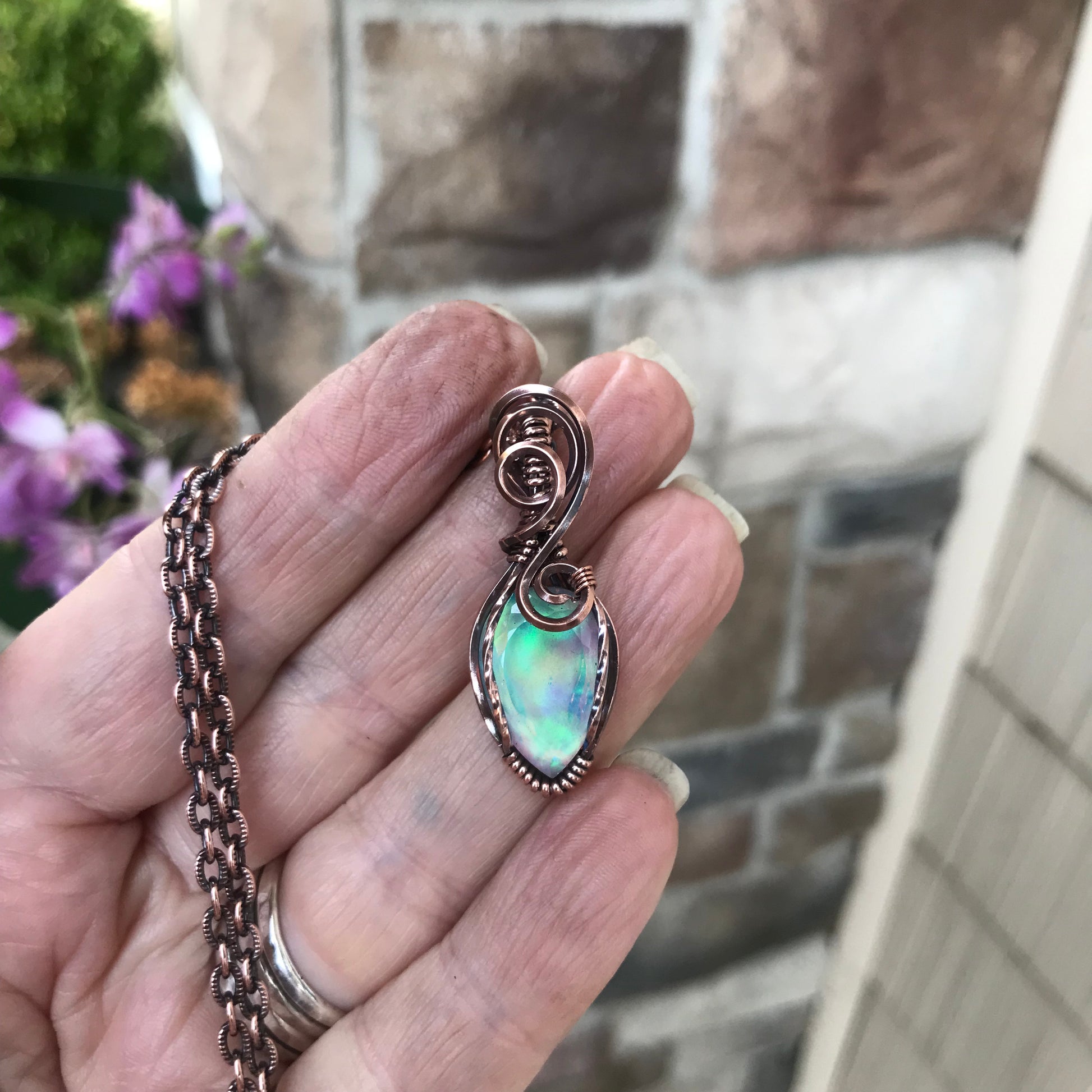 Aurora Opal Green Pink Copper Necklace