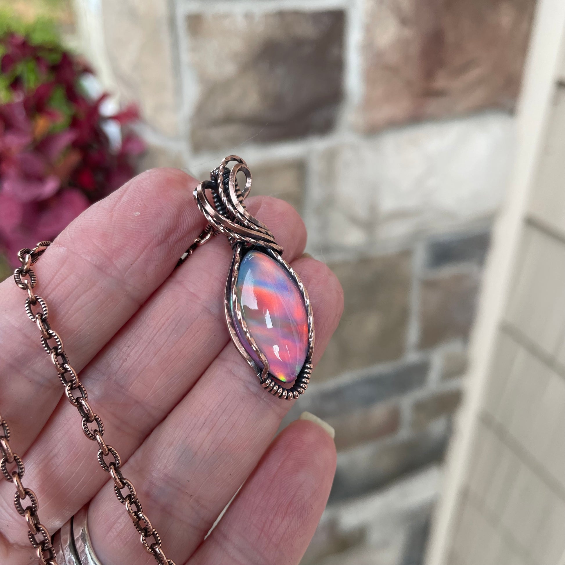 Aurora Opal Orange Pink Marquis Copper Necklace