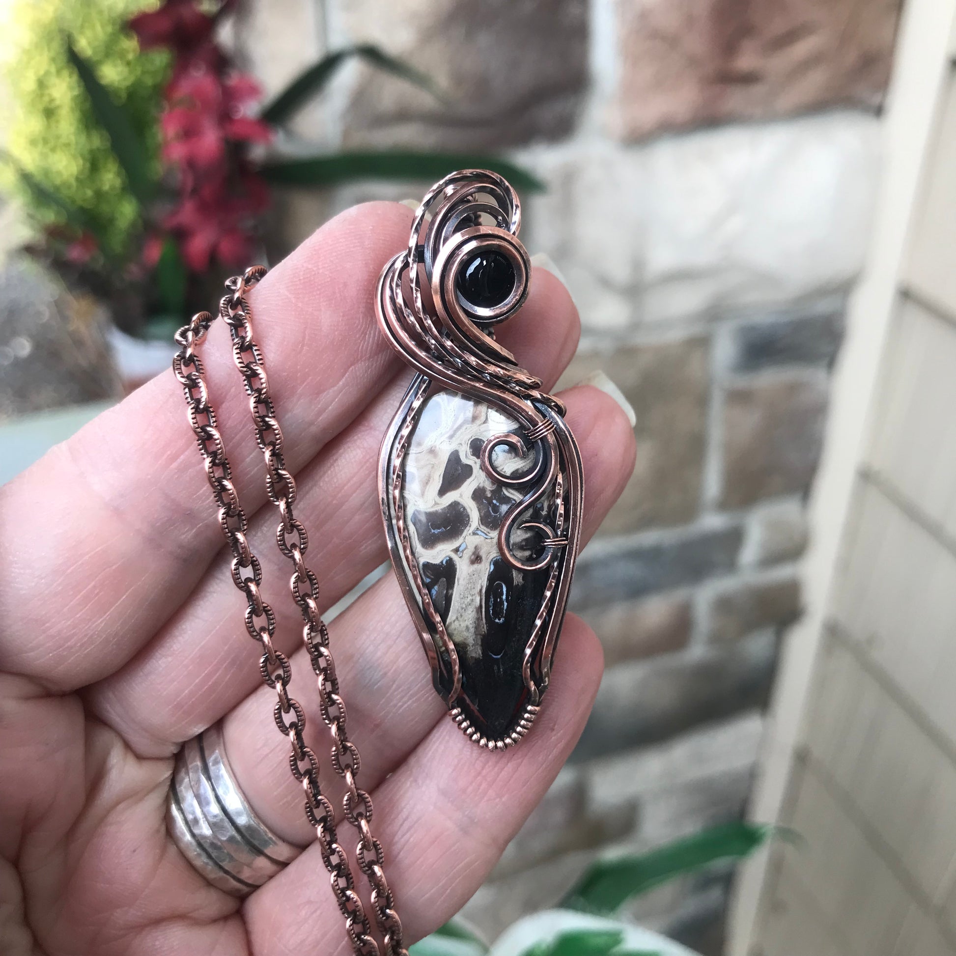 Petrified Palm Root & Black Onyx Copper Necklace