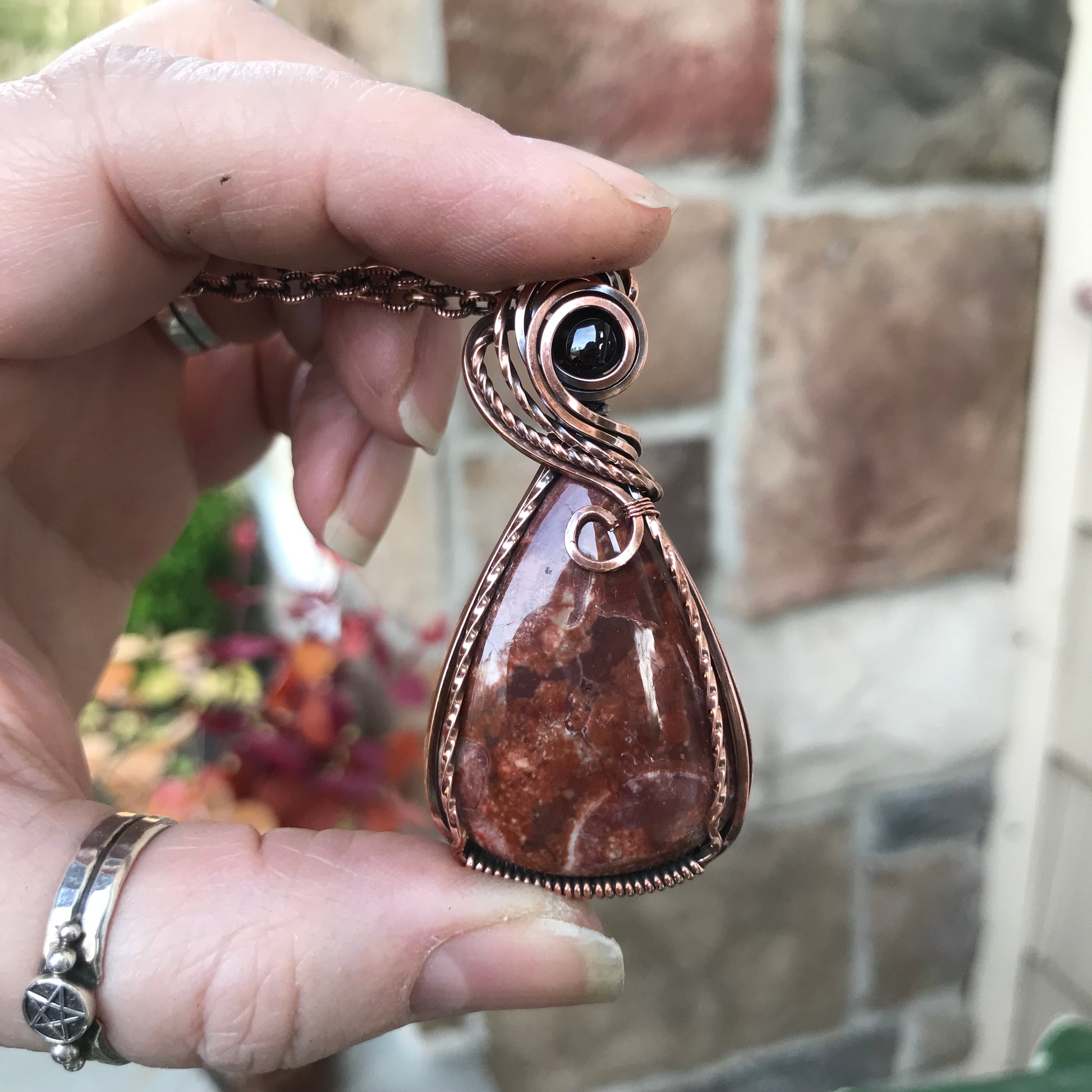 Wildeye Jasper & Garnet Pendant in Oxidized Copper