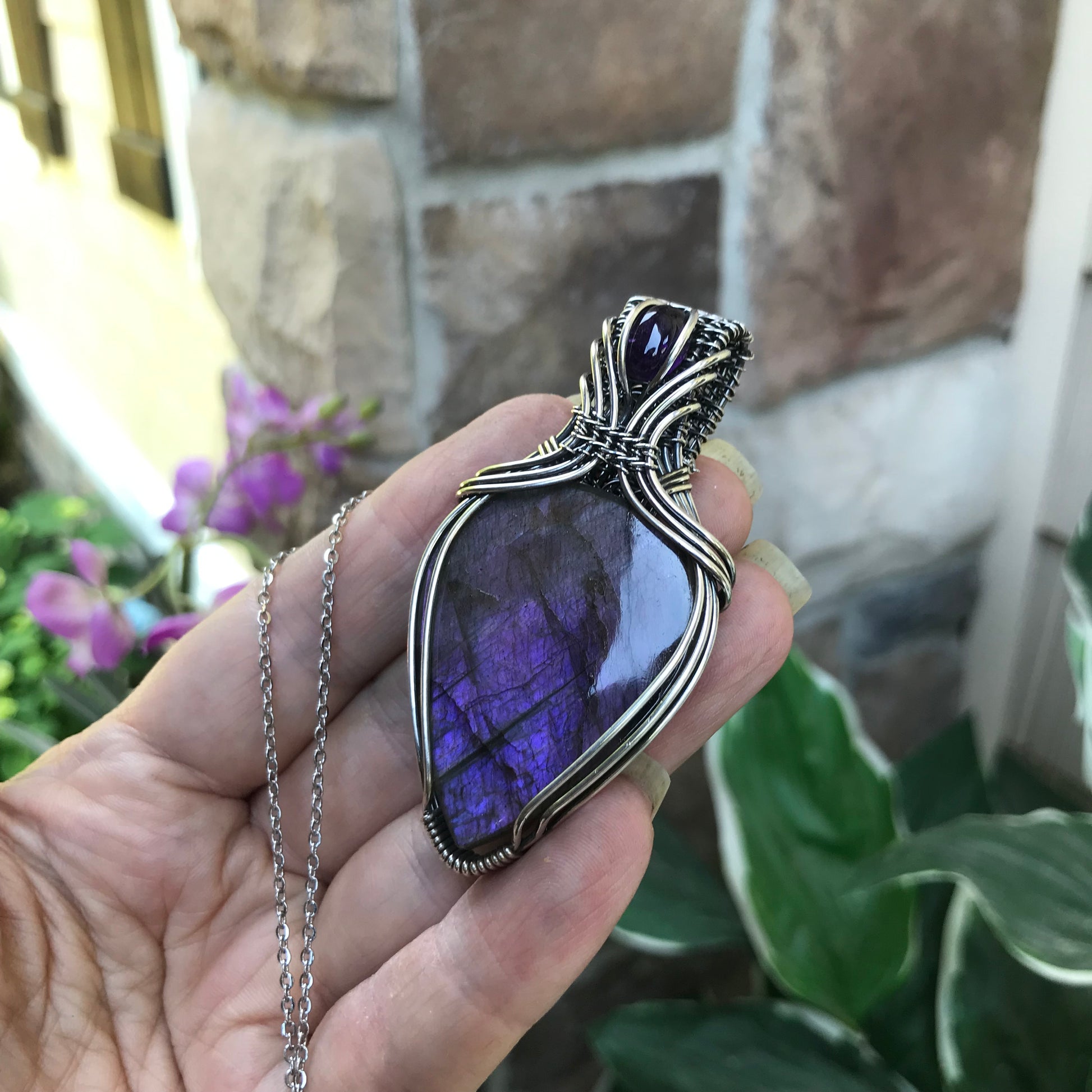 Purple Labradorite & Amethyst Silver Pendant