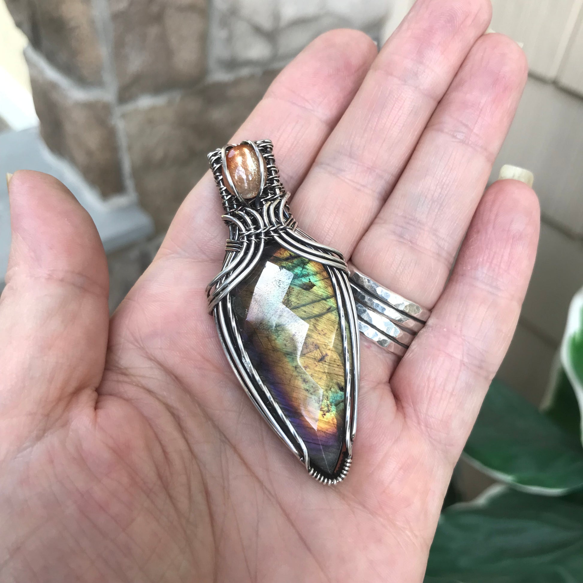 Rainbow Labradorite & Sunstone Silver Pendant