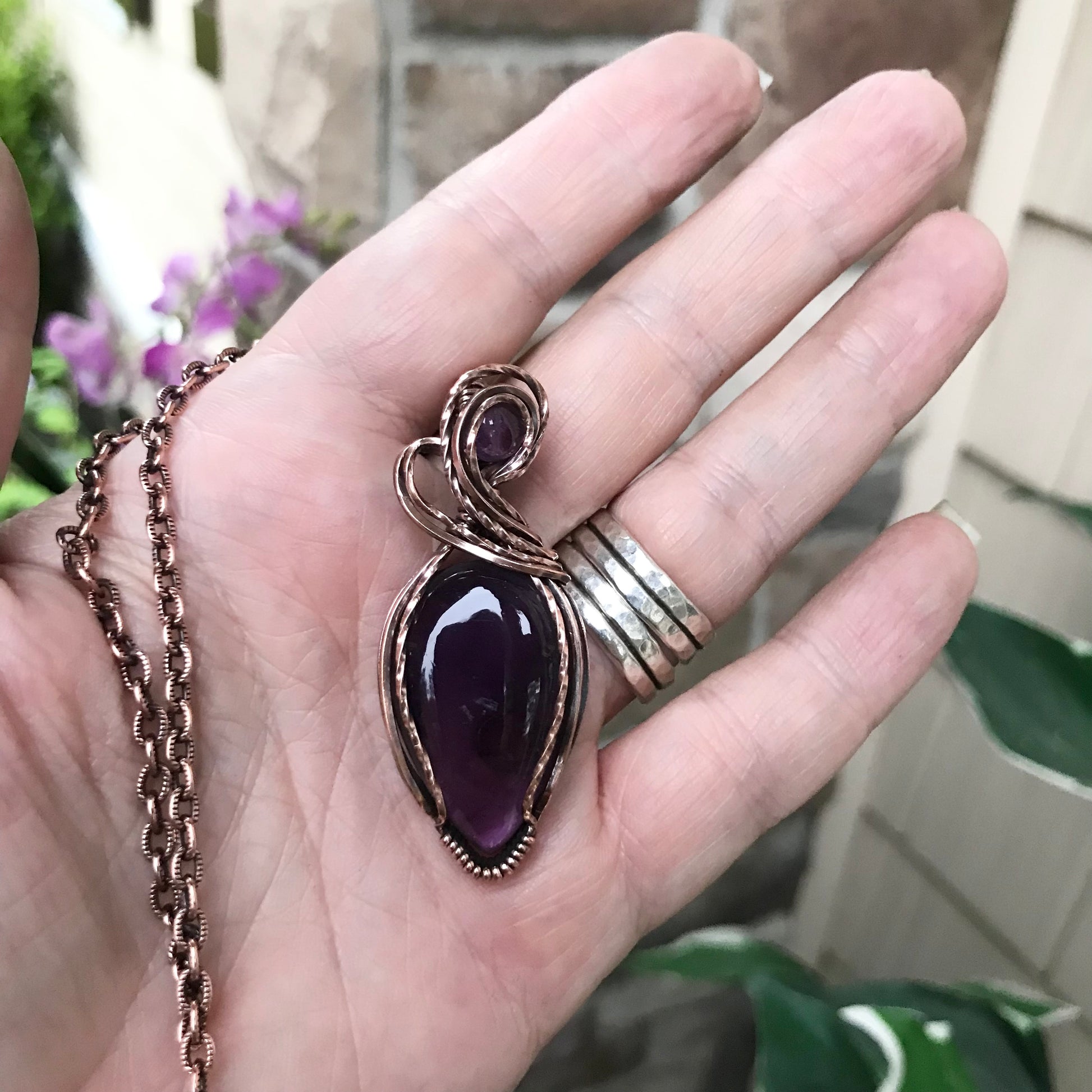 Amethyst with Amethyst Accent Teardrop Copper Pendant