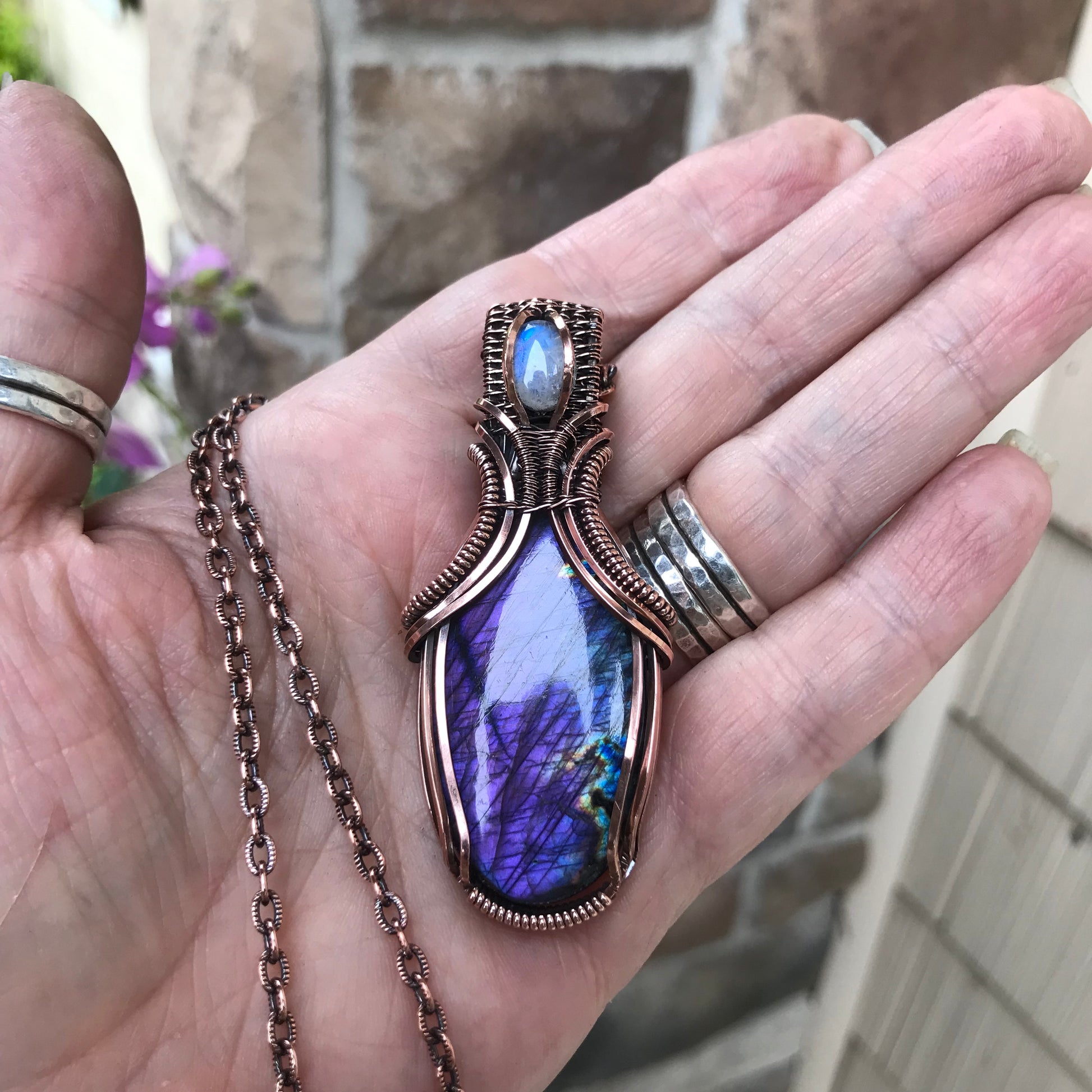 Purple Labradorite & Moonstone Oval Copper Necklace with Weaving