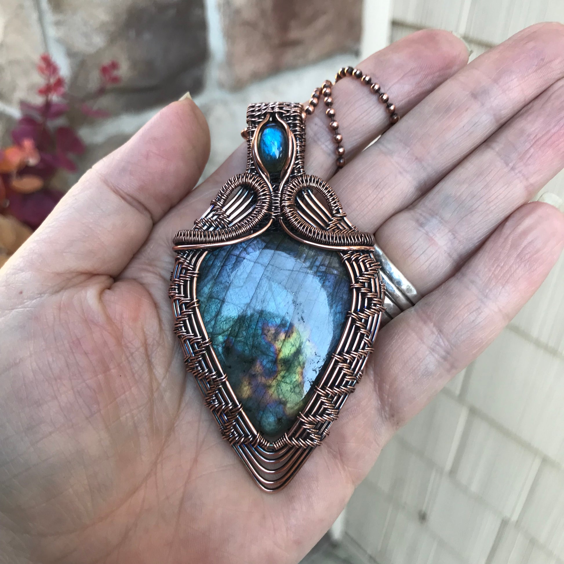 Blue Labradorite Statement Copper Woven Pendant