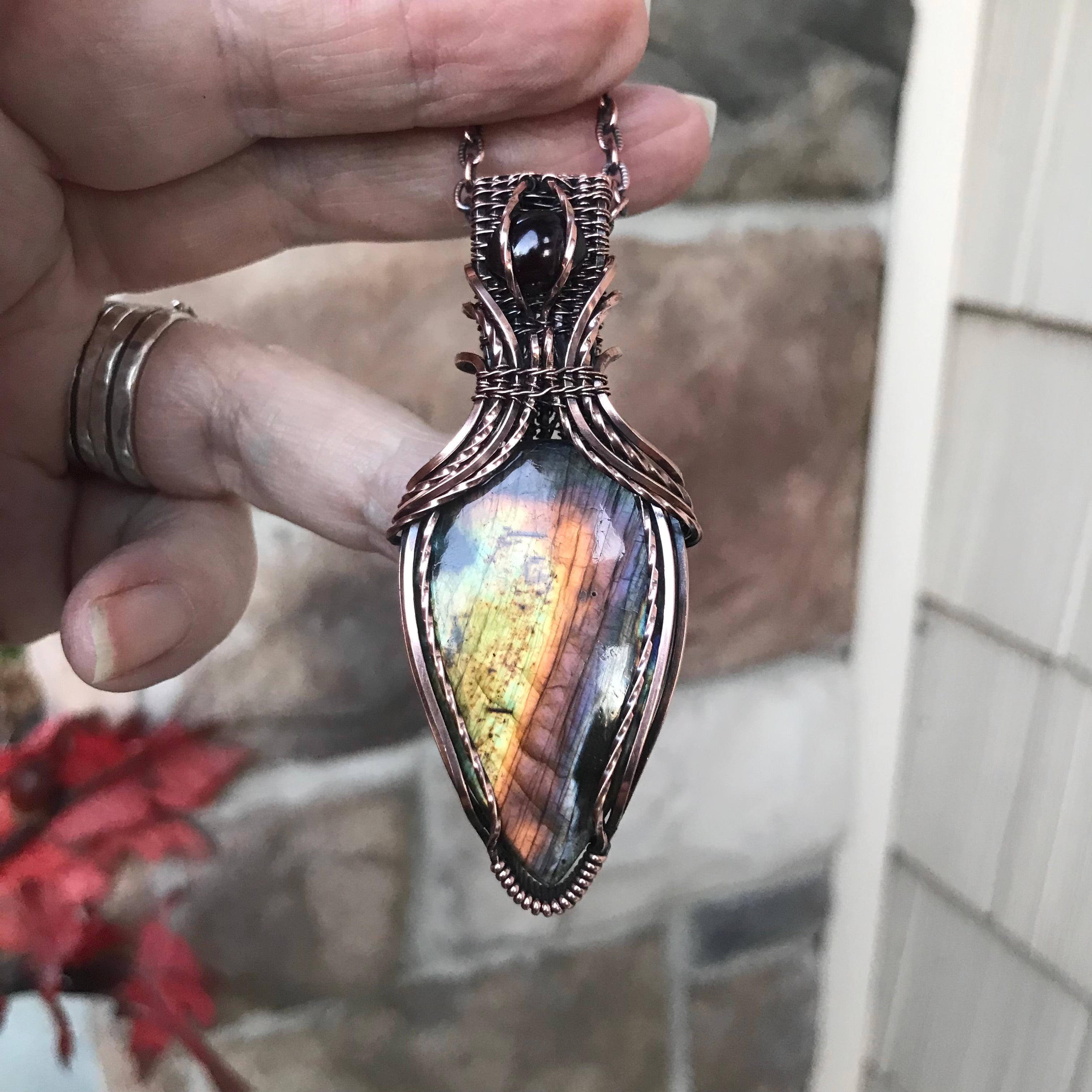 Rainbow Labradorite & Garnet Copper Pendant with Weaving