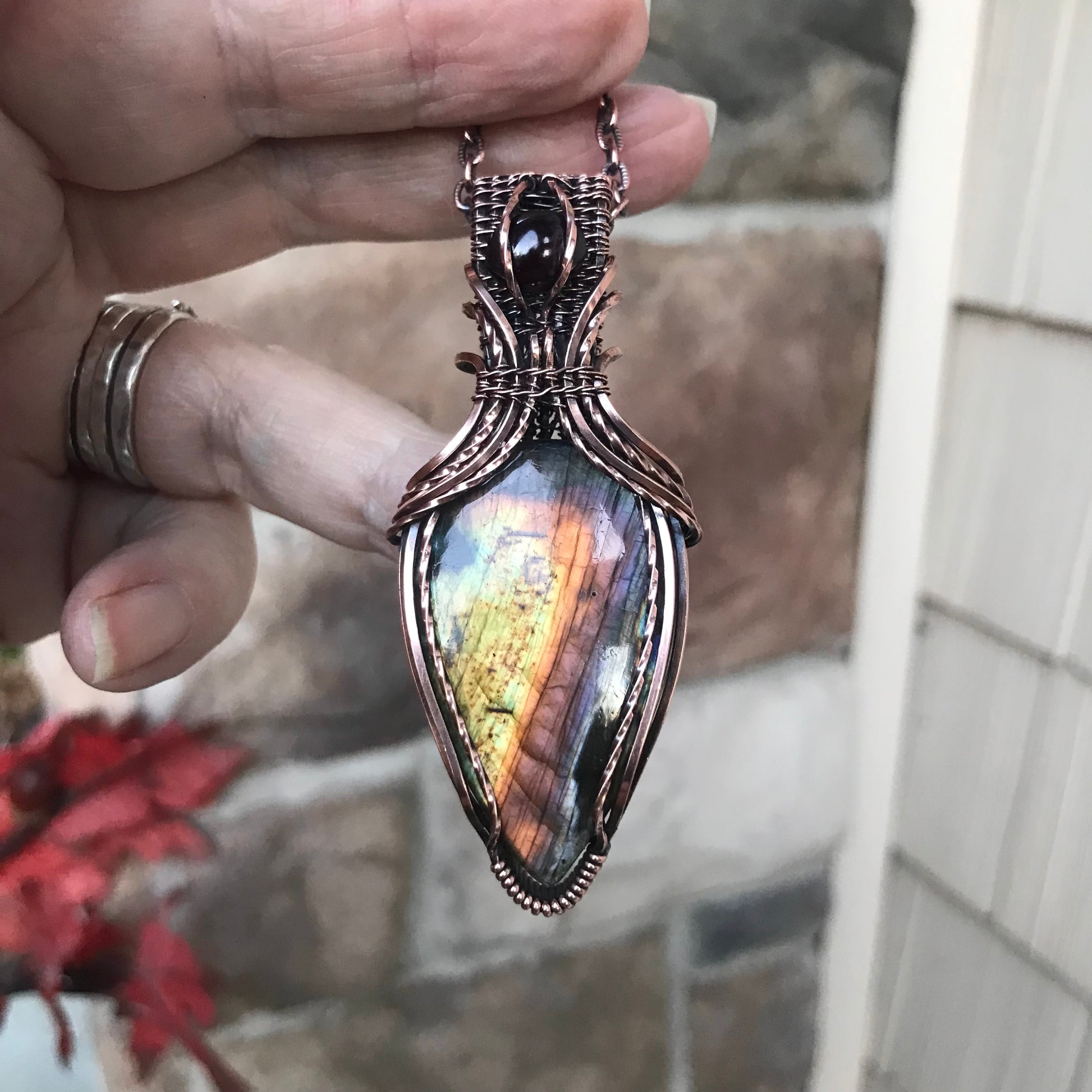 Rainbow Labradorite & Garnet Copper Pendant with Weaving