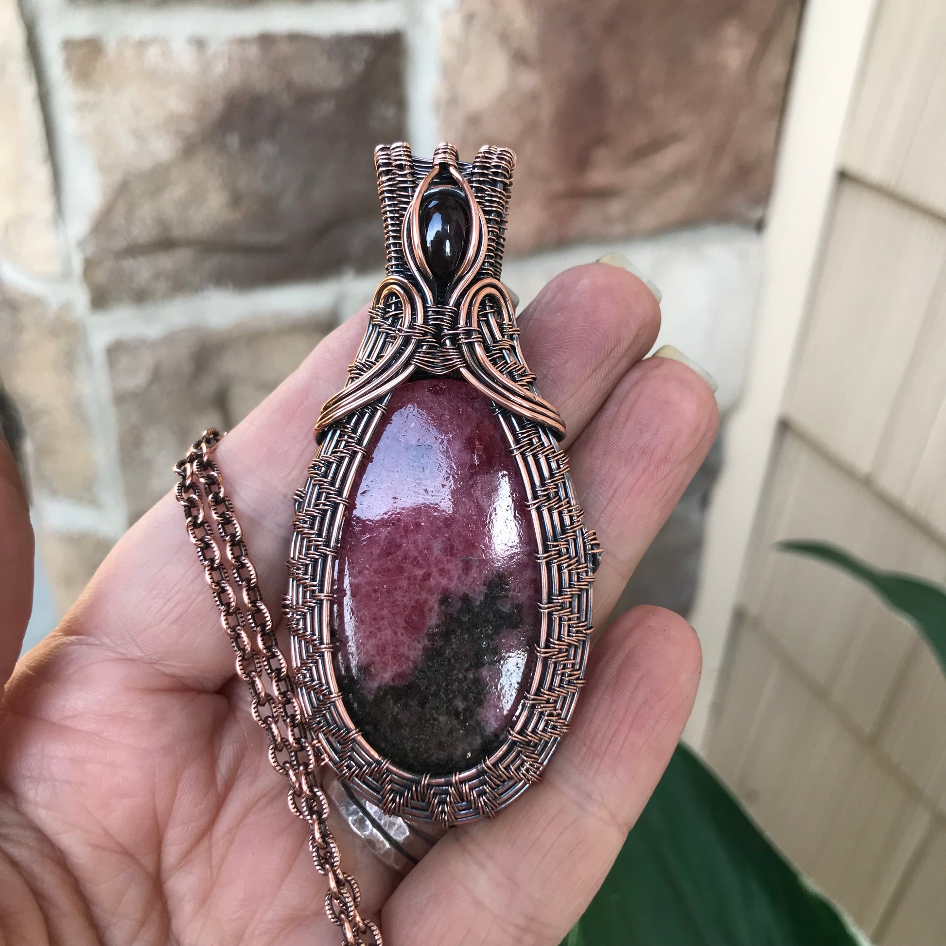 Rhodonite & Garnet Woven Copper Pendant