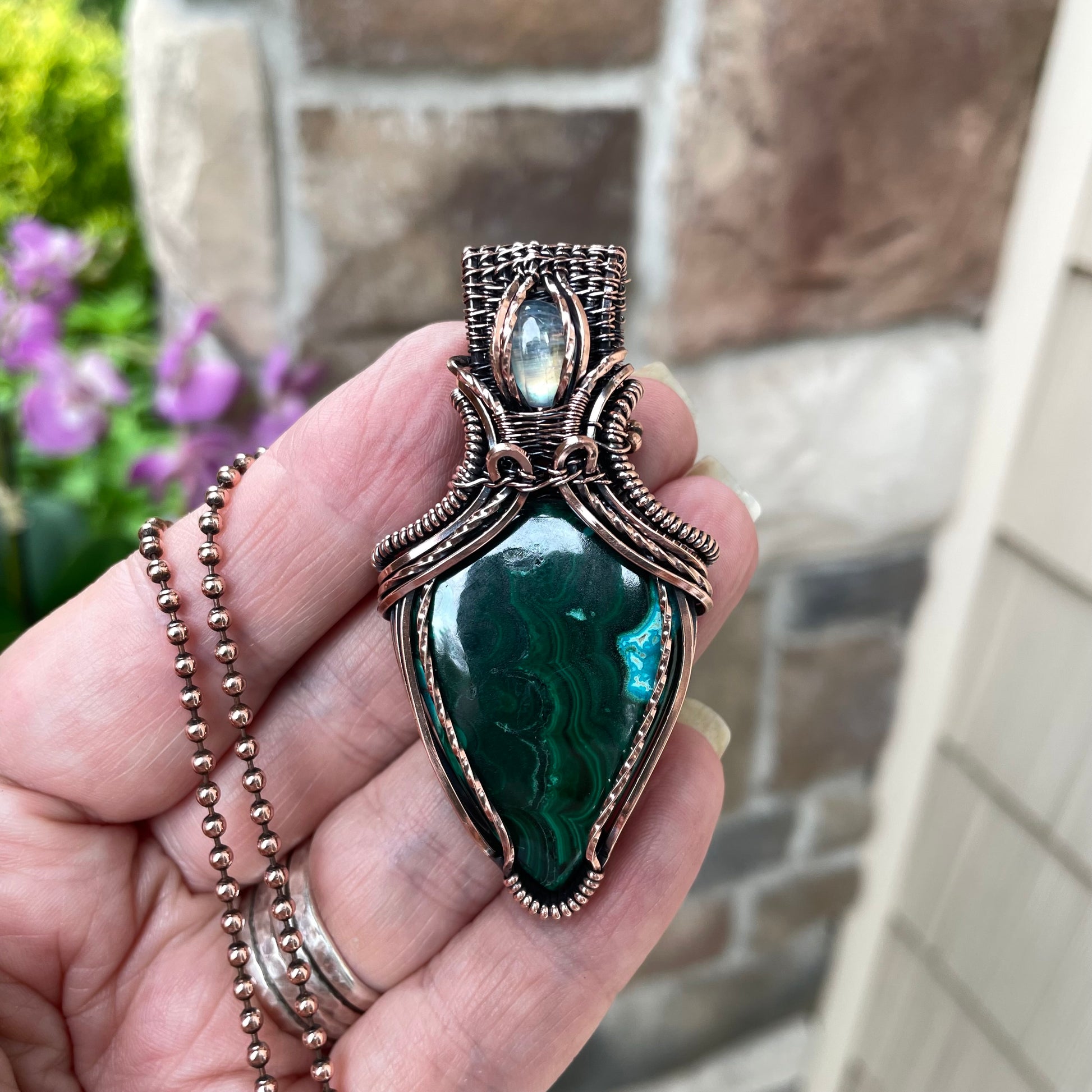 Malachite Chrysocolla & Moonstone Copper Pendant with Weaving