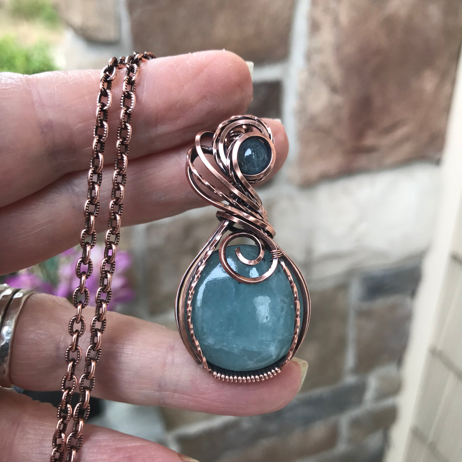 Aquamarine Swirly Copper Pendant
