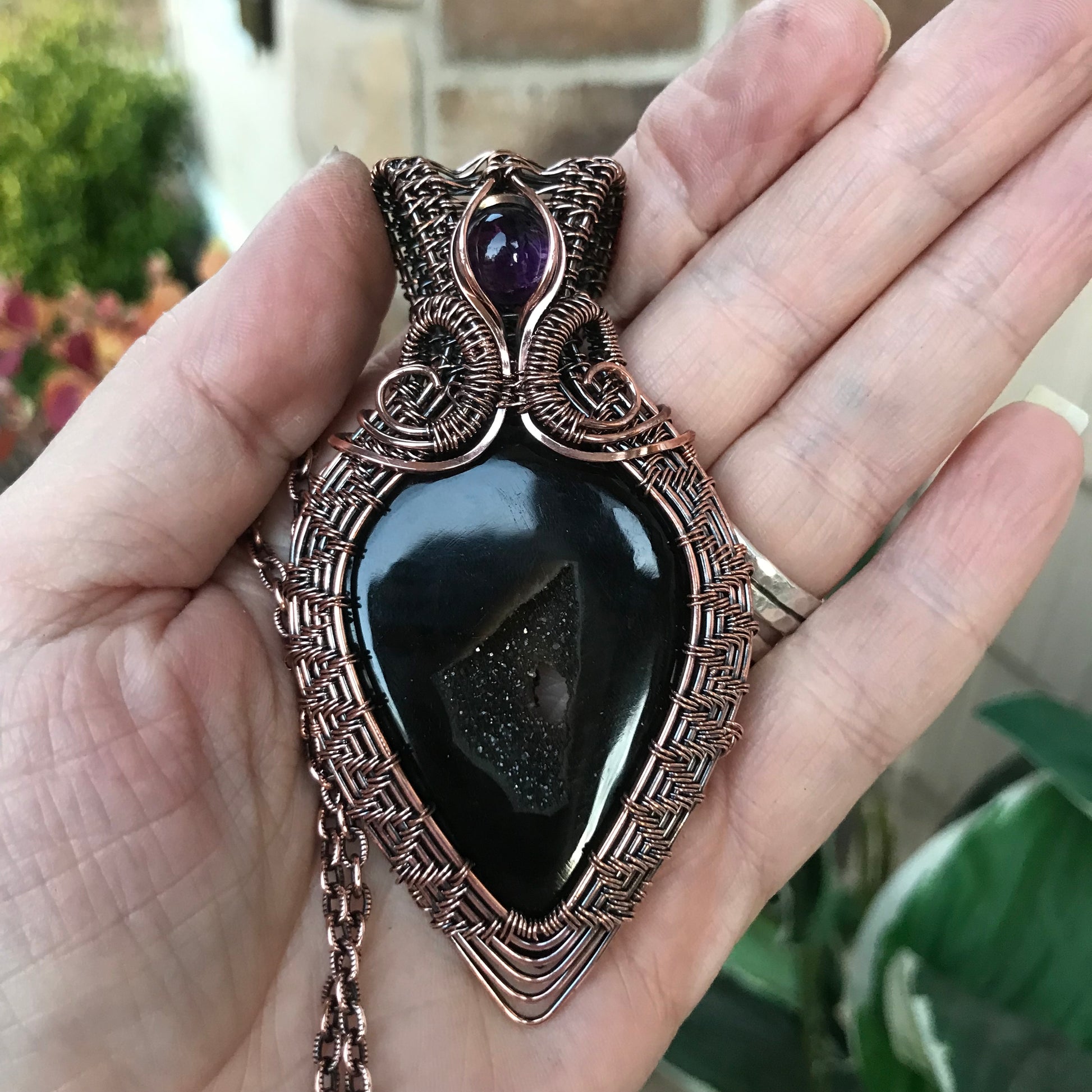 Onyx Druzy & Amethyst Woven Copper Necklace