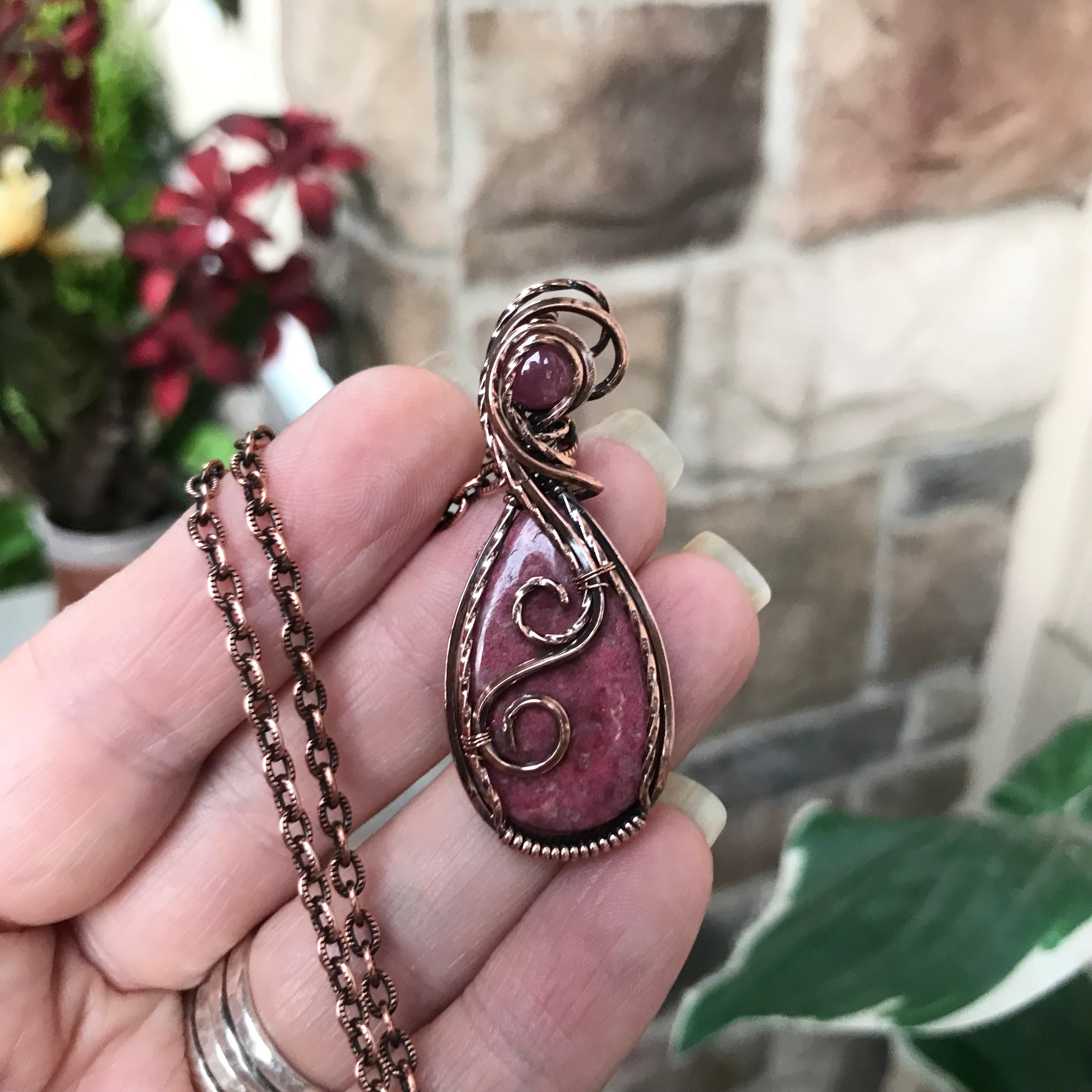 Thulite & Pink Sapphire Copper Pendant