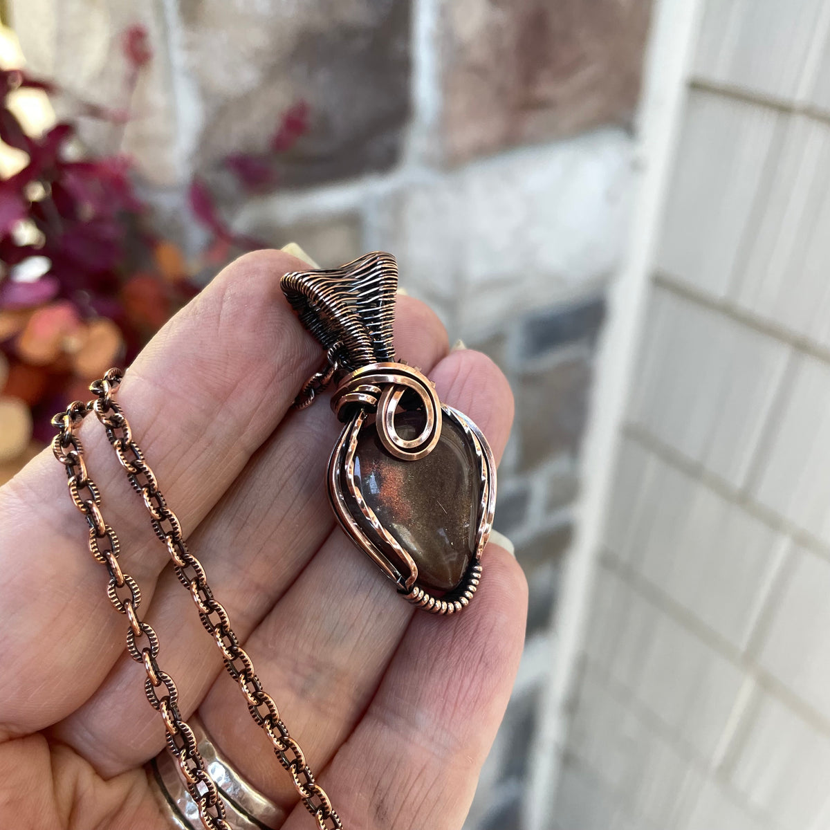 Moonstone Sunstone Teardrop Copper Pendant
