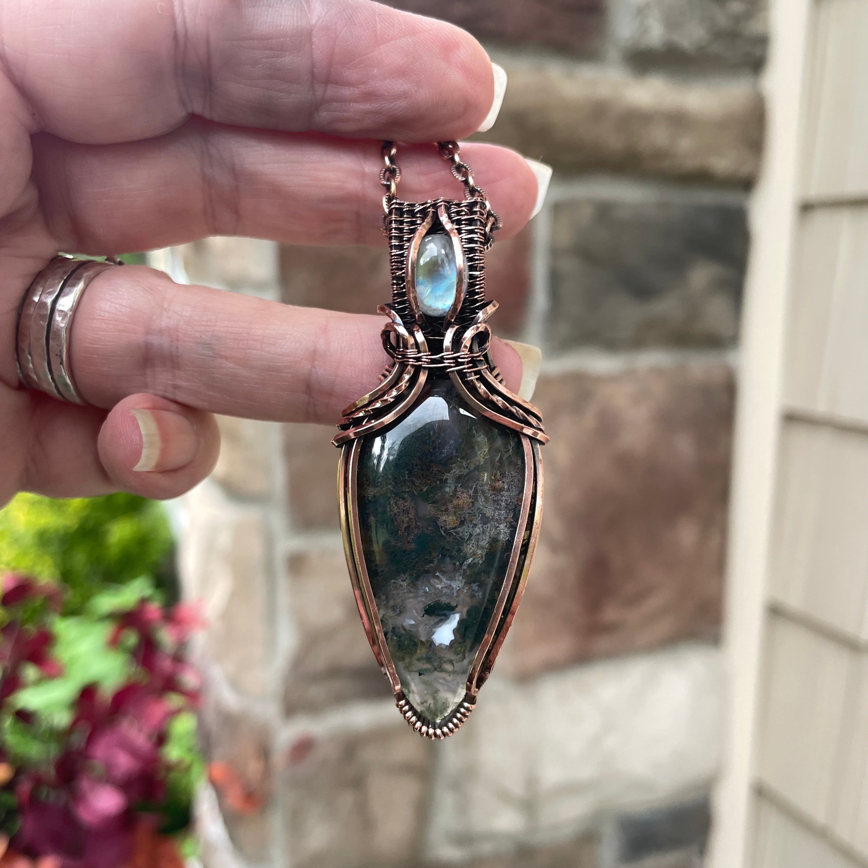 Moss Agate & Moonstone Copper Necklace with Weaving