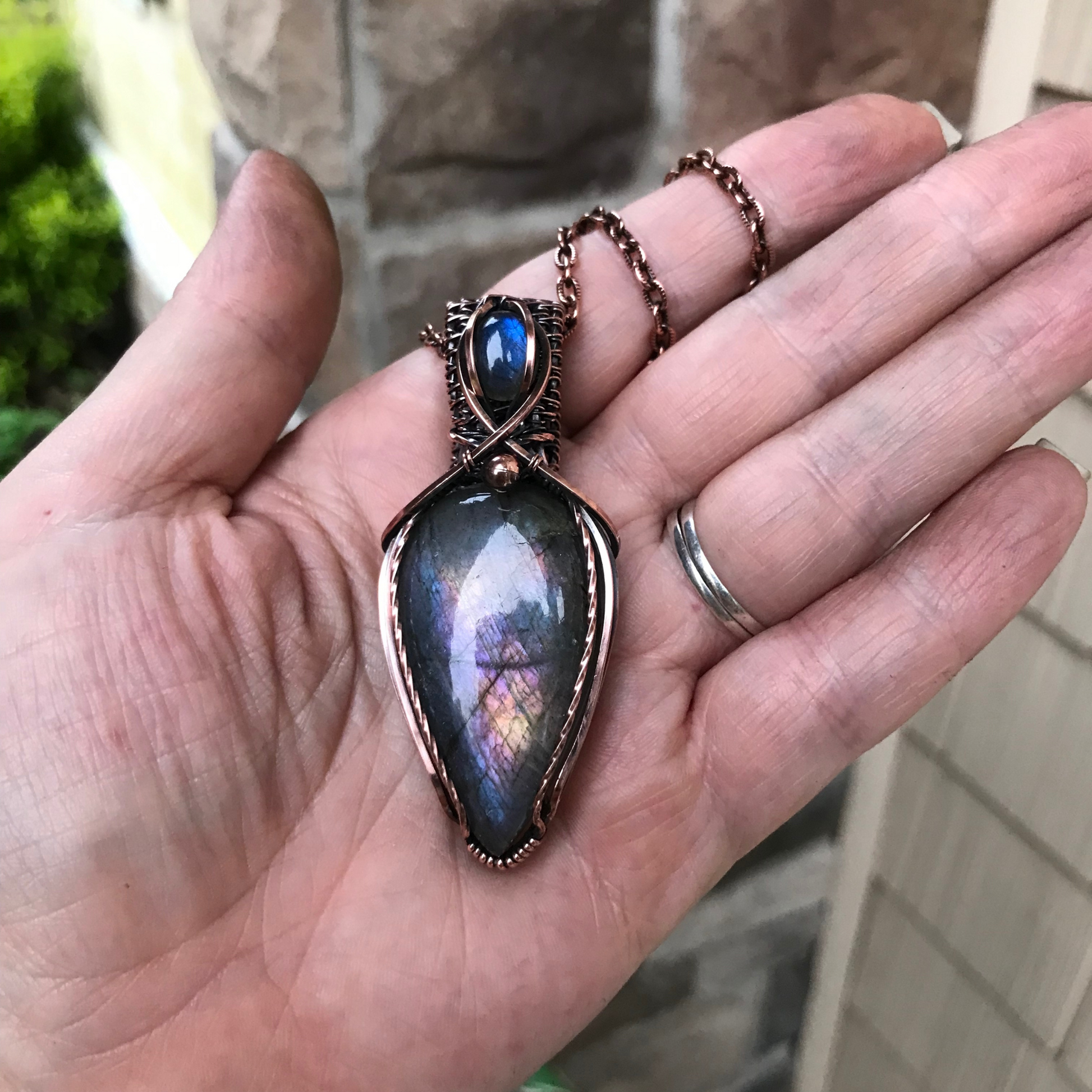 Rainbow Blue Labradorite Copper Pendant with Woven Bail