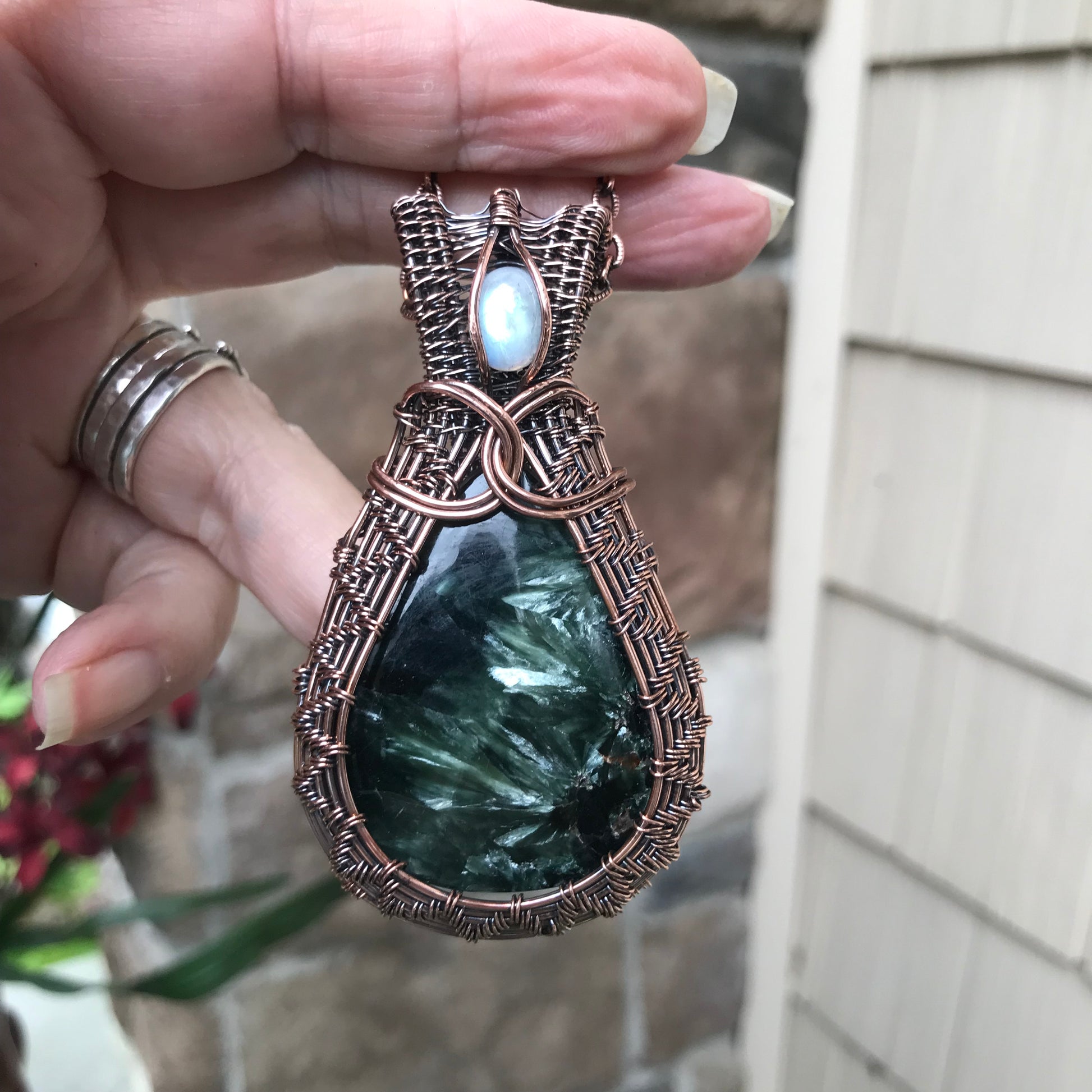 Seraphinite & Moonstone Woven Copper Pendant